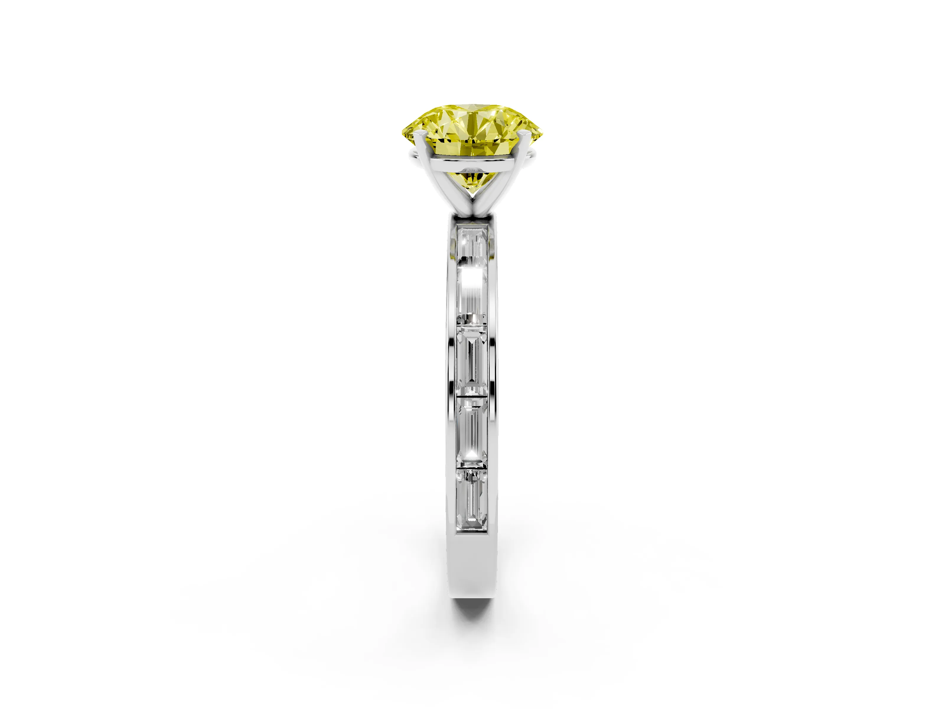 Fancy Yellow Round Cut Diamond Solitaire Ring Set in Platinum with Channel-Set Baguette Band and Prong Setting