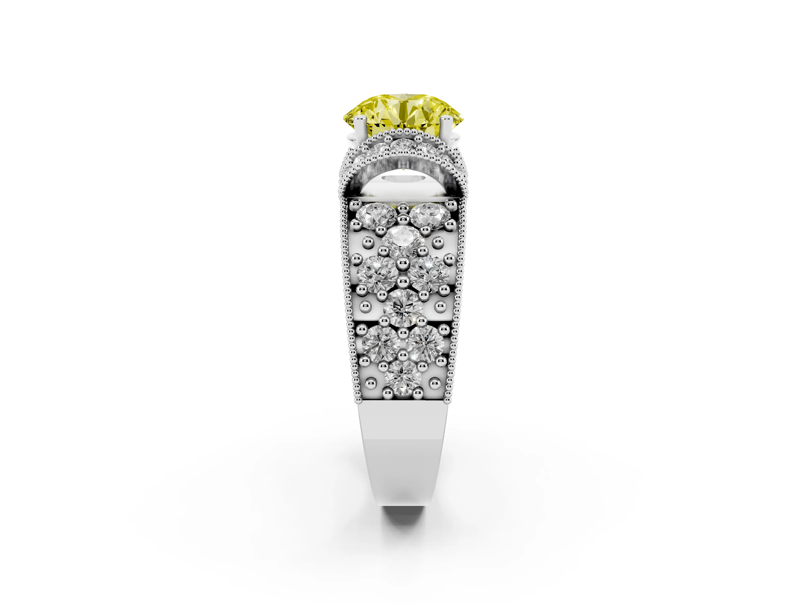 Fancy Yellow Round Cut Diamond Milgrain Halo Pavé Engagement Ring Set in Silver with Prong Setting