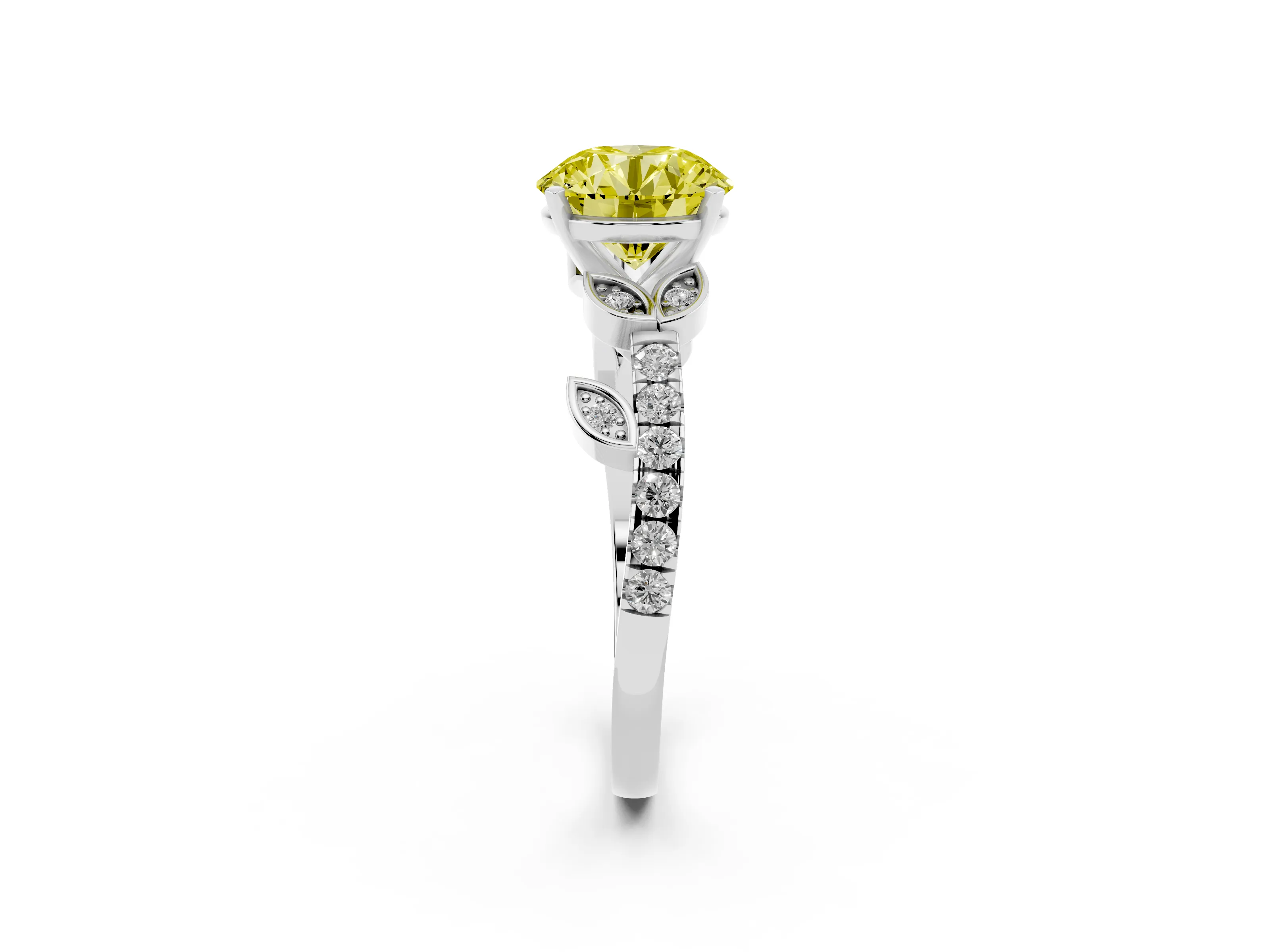 Fancy Yellow Round Cut Diamond Solitaire Leaf-Inspired Ring Set in Platinum with Pavé Band and Prong Setting