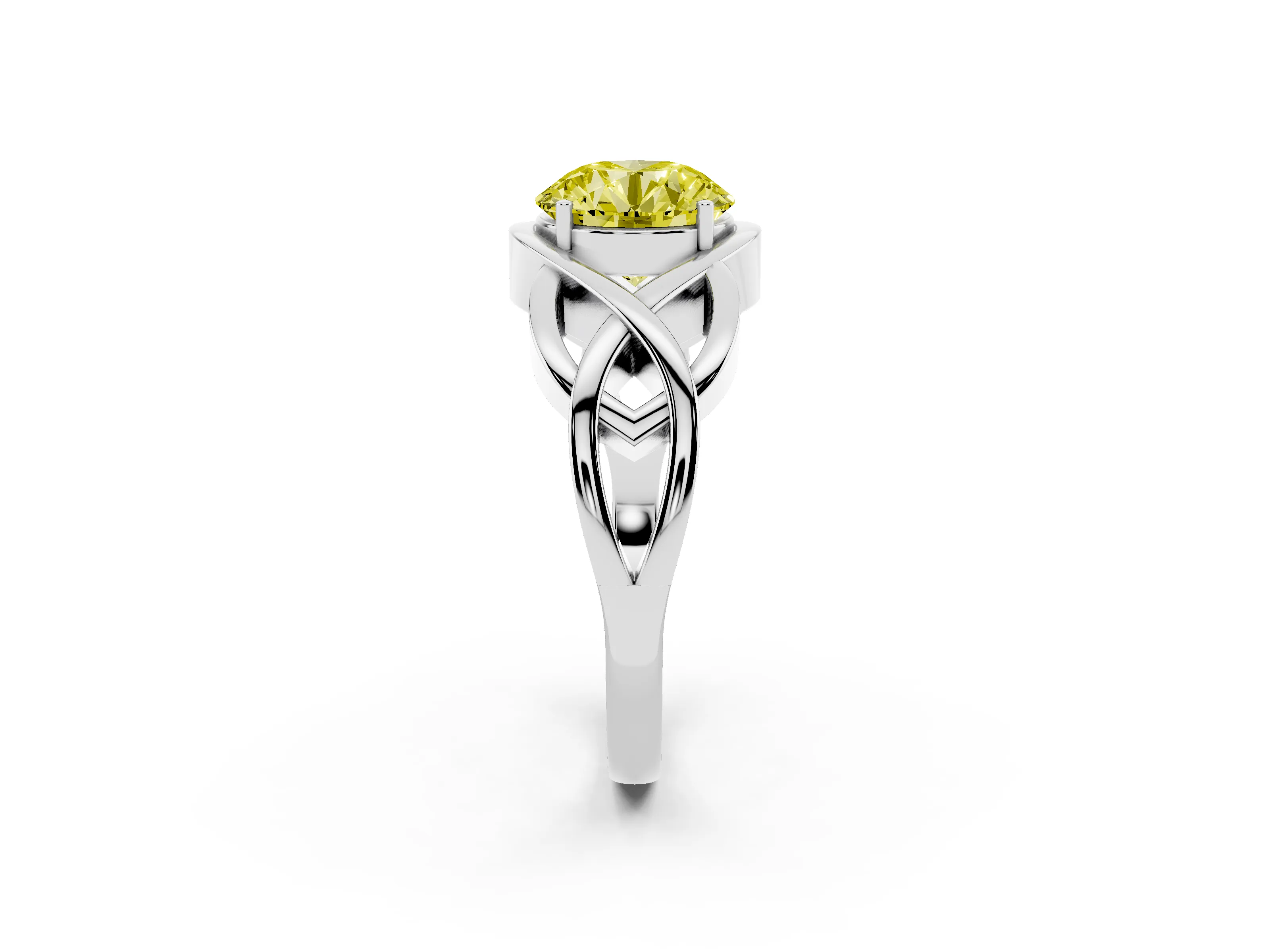 Fancy Yellow Round Cut Diamond Solitaire Ring Set in Platinum with Intertwined Band