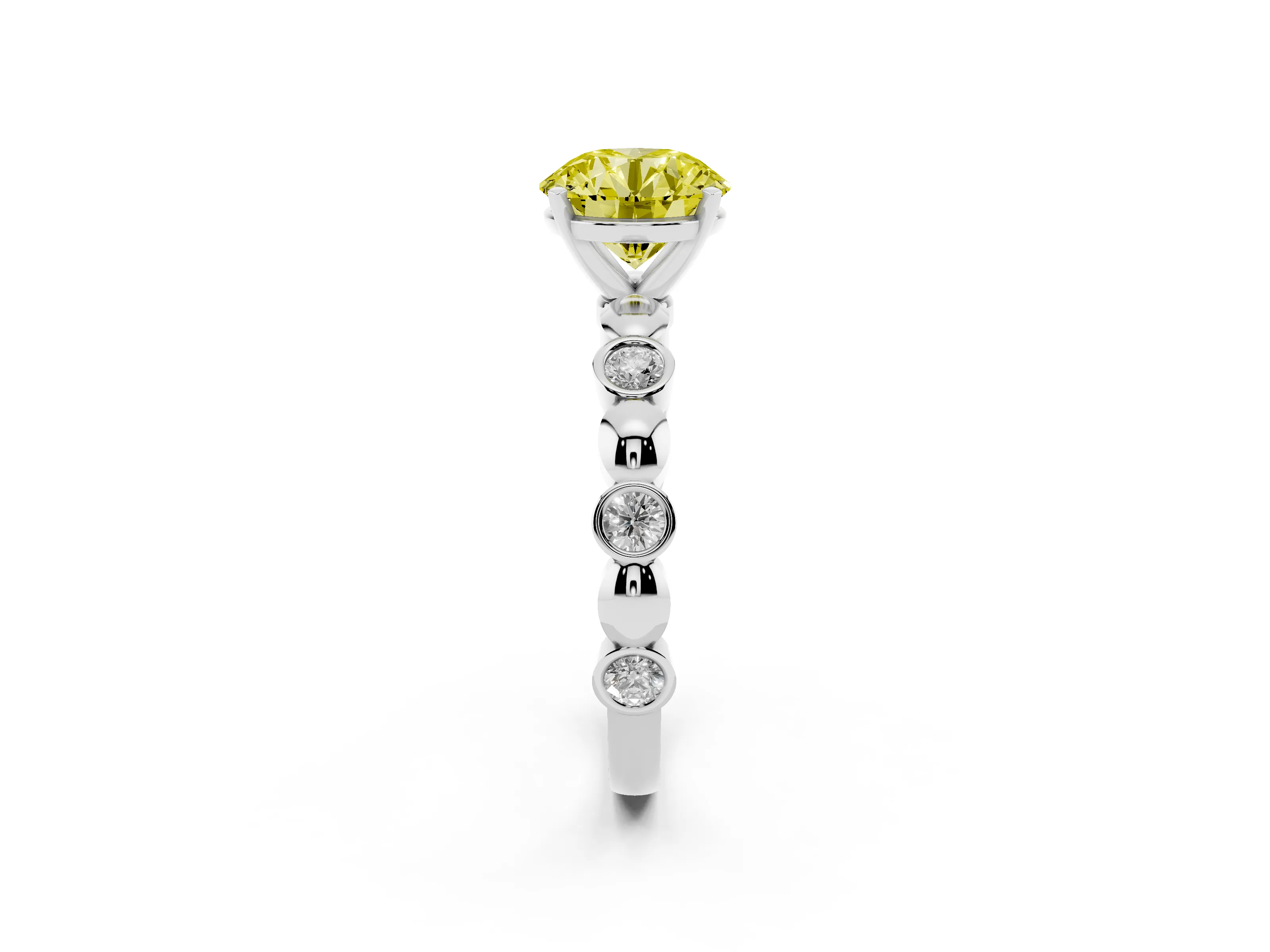 Fancy Yellow Round Cut Diamond Solitaire Ring Set in Silver with Bezel-Set Accents on Beaded Band and Prong Setting
