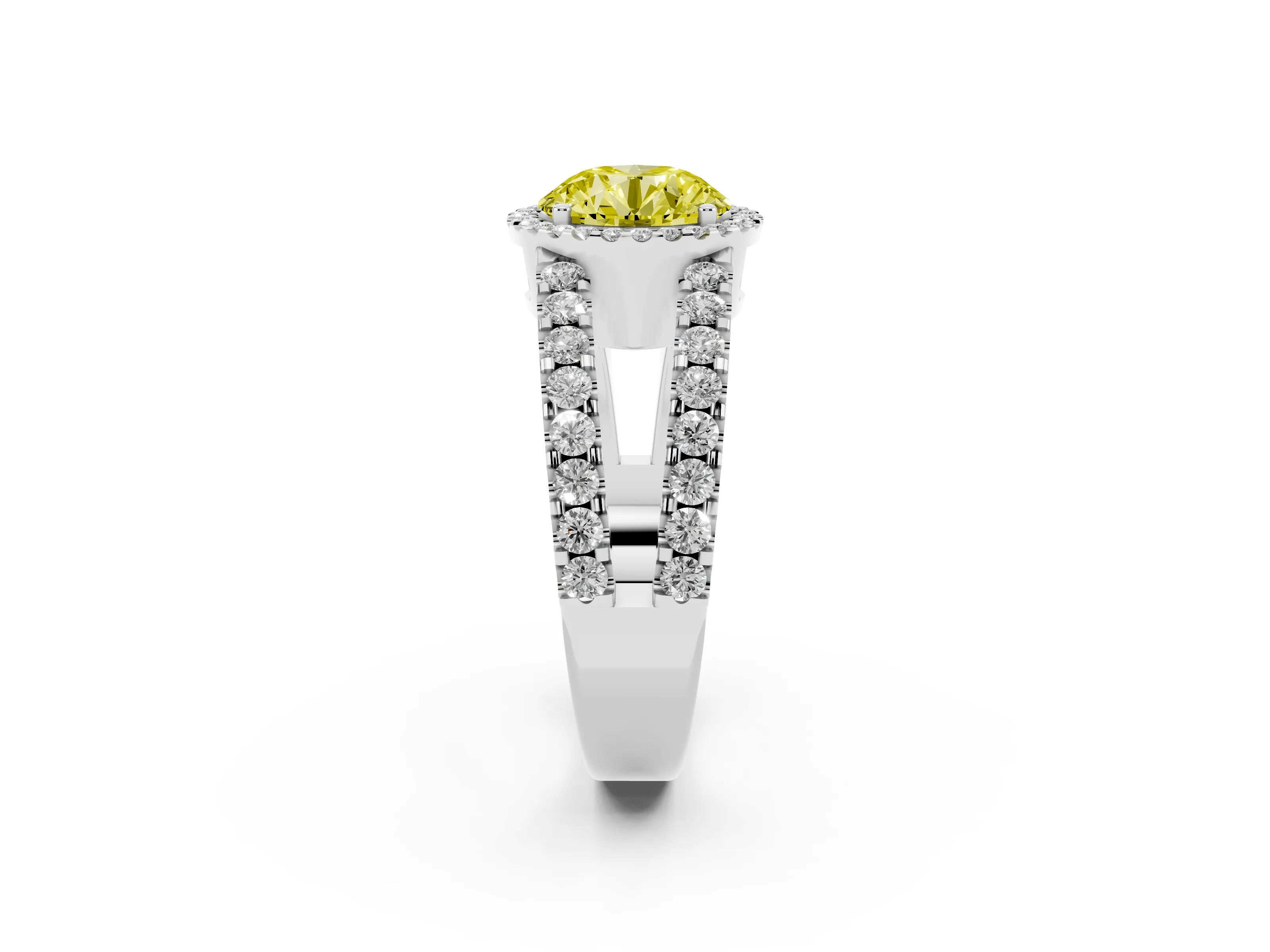 Fancy Yellow Round Cut Diamond Halo Ring Set in Platinum with Pavé Split Shank and Prong Setting