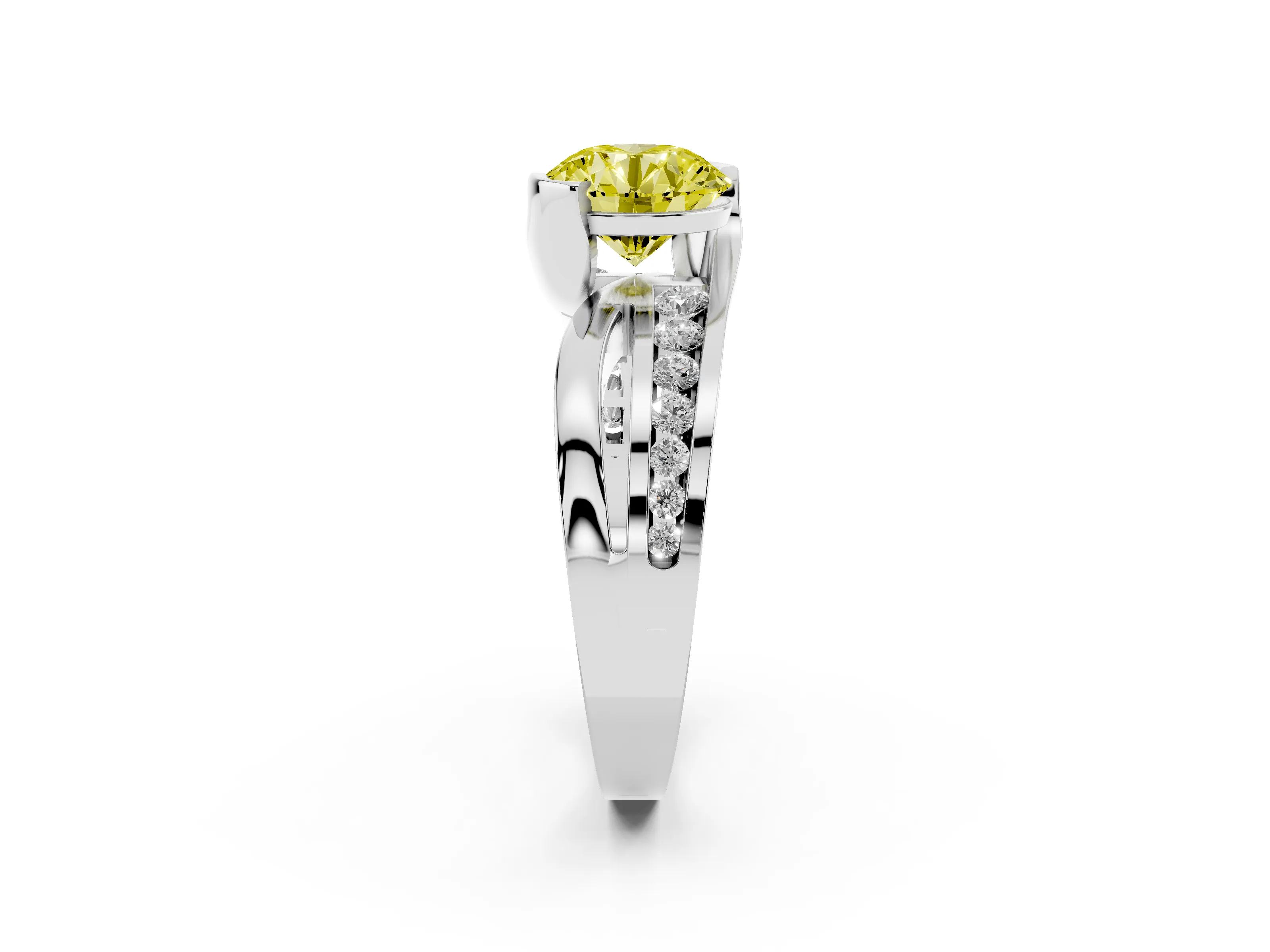 Fancy Yellow Round Cut Diamond Solitaire Ring Set in Silver with Channel Set Split Shank and Tension Prongs