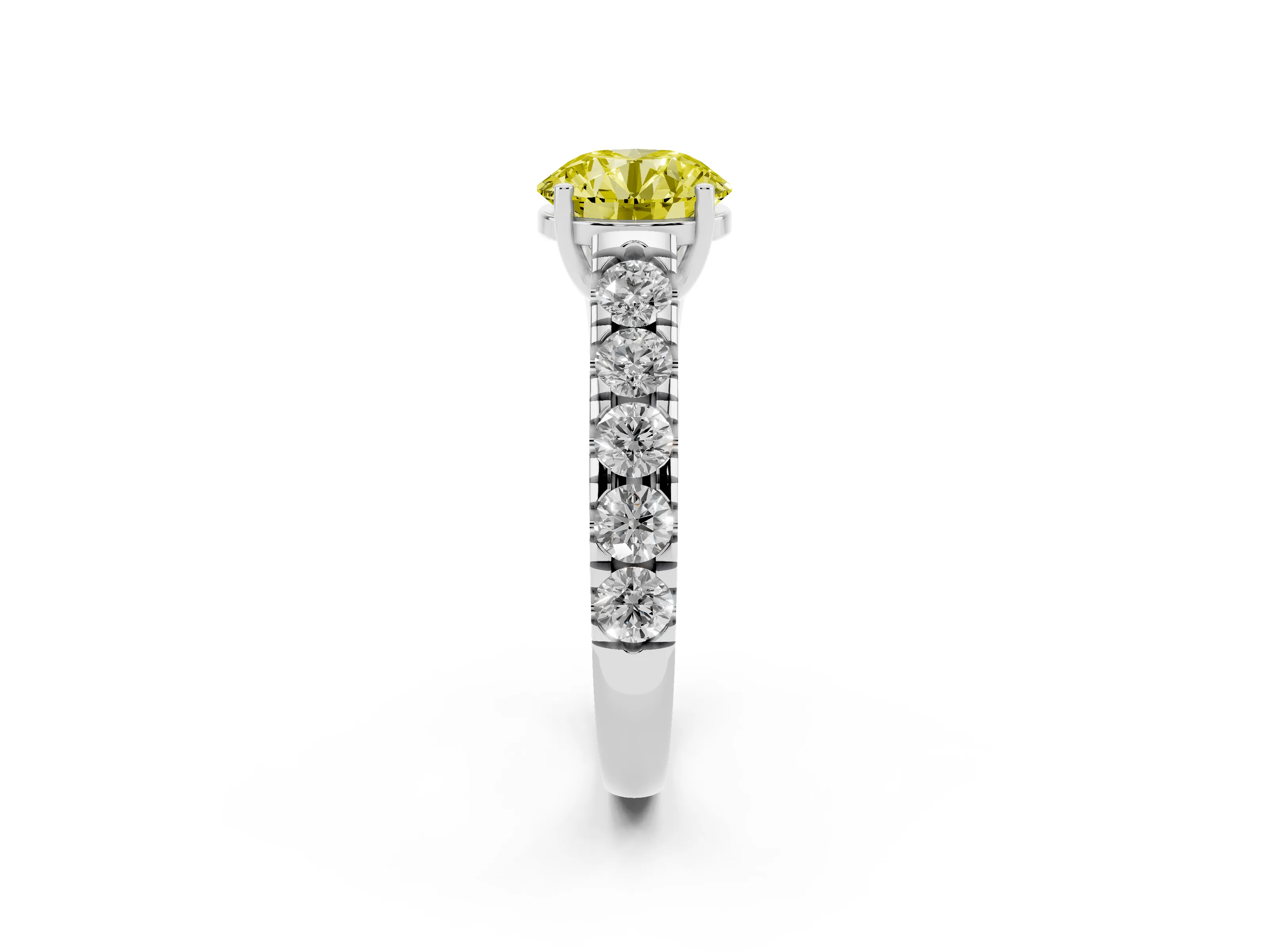 Fancy Yellow Round Cut Diamond Solitaire Ring Set in Platinum with Cut-Down Micro Pavé Band and Prong Setting