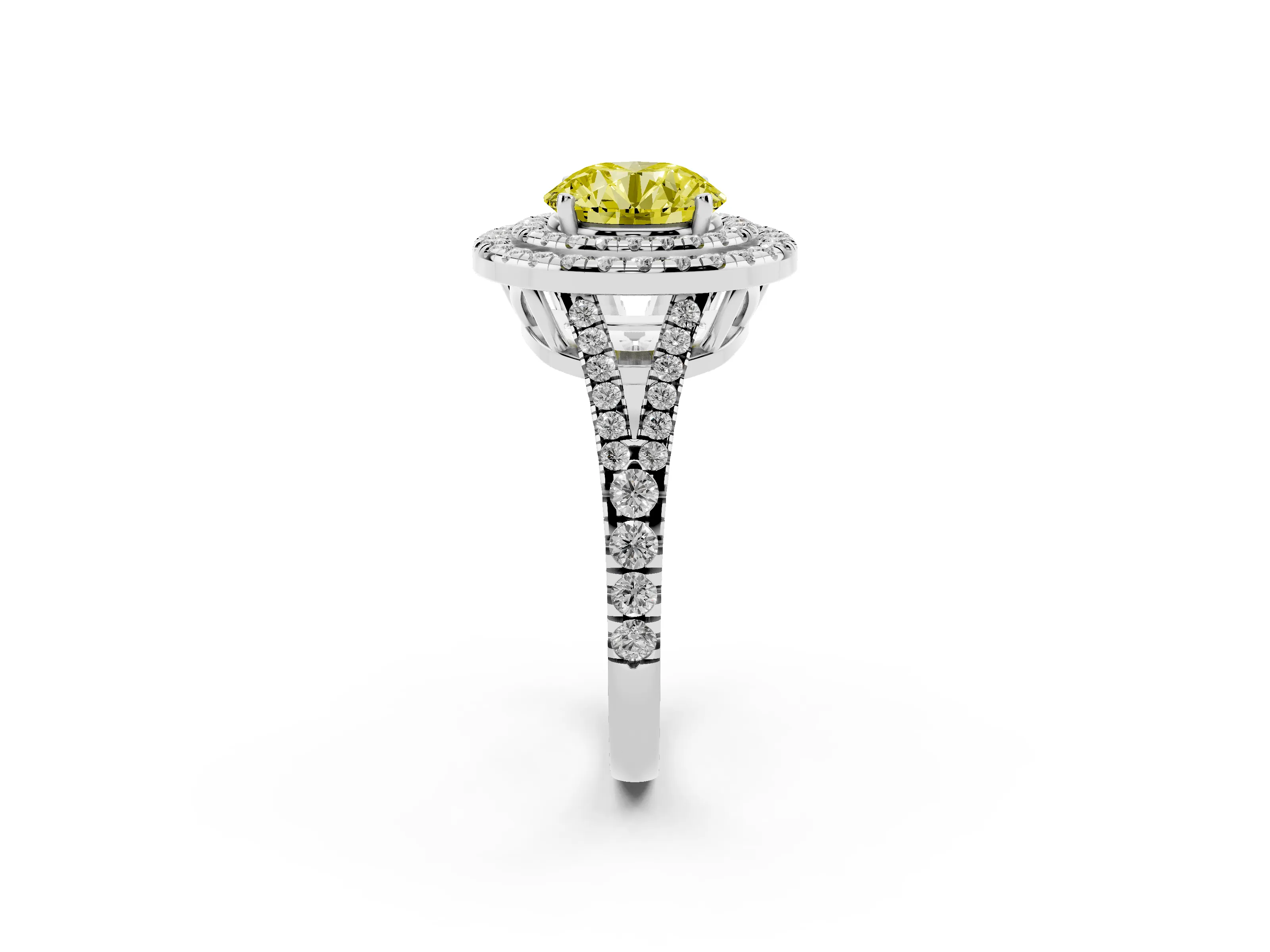 Fancy Yellow Round Cut Diamond Double Halo Ring Set in White gold with Pavé Band