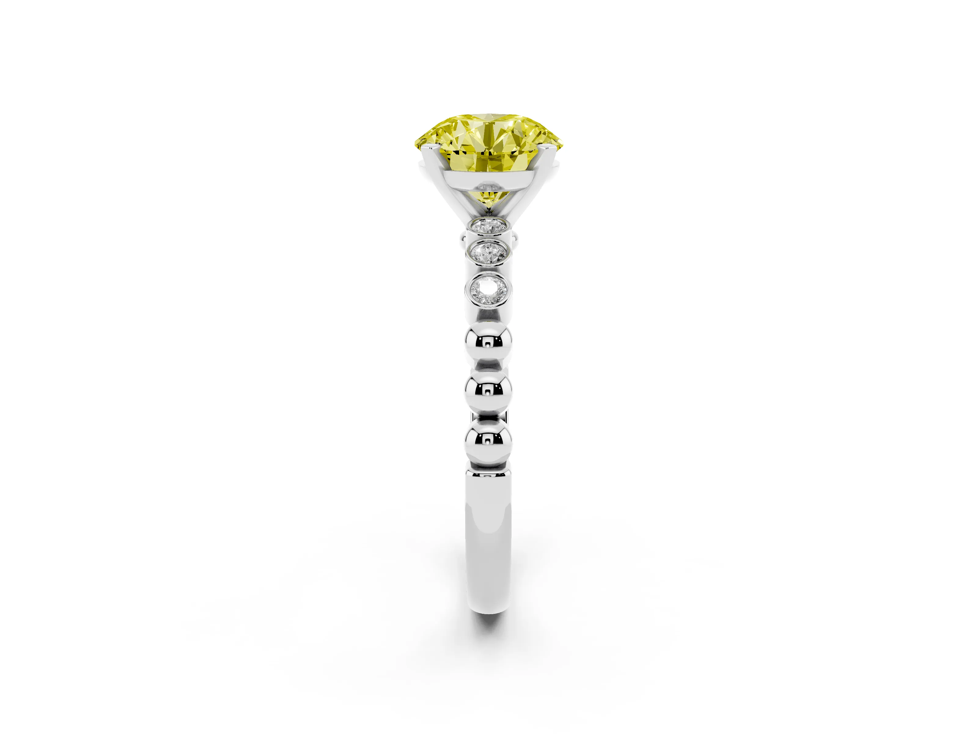 Fancy Yellow Round Cut Diamond Solitaire Engagement Ring Set in White gold with Bezel Accents on Beaded Band