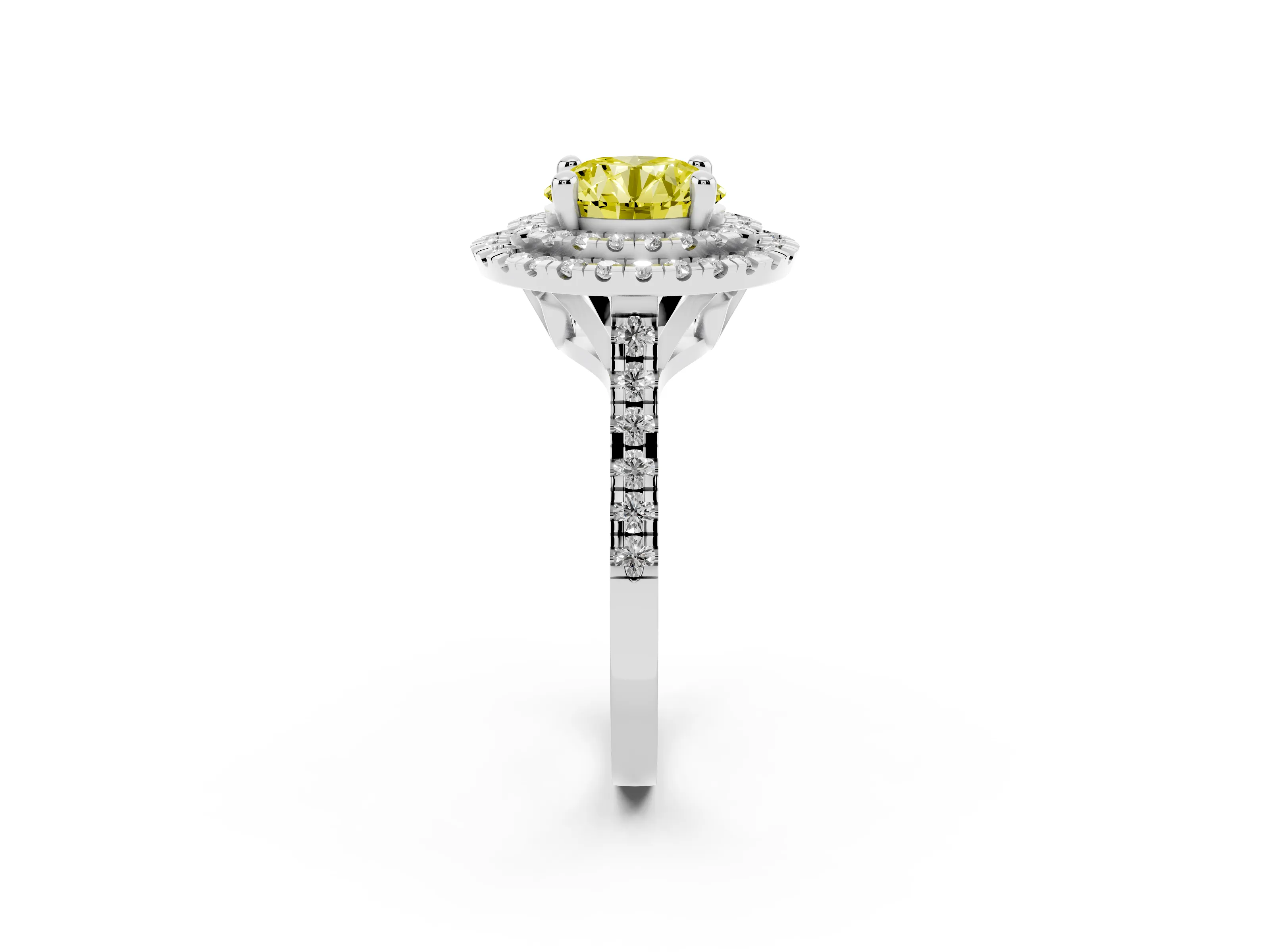 Fancy Yellow Round Cut Diamond Double Halo Statement Ring Set in Silver with Pavé Band