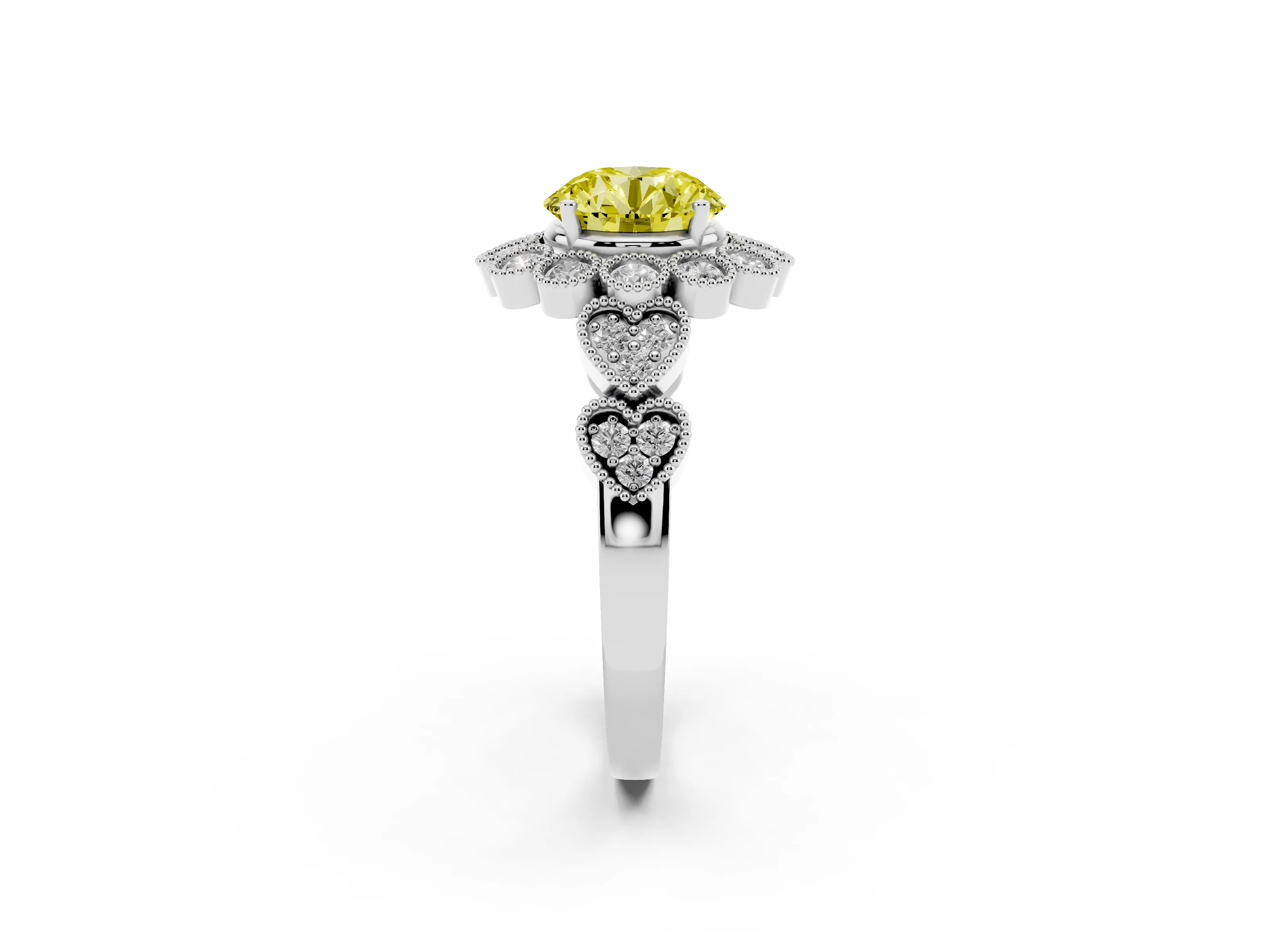 Fancy Yellow Round Cut Diamond Solitaire Ring Set in White gold with Milgrain Pavé Heart Band