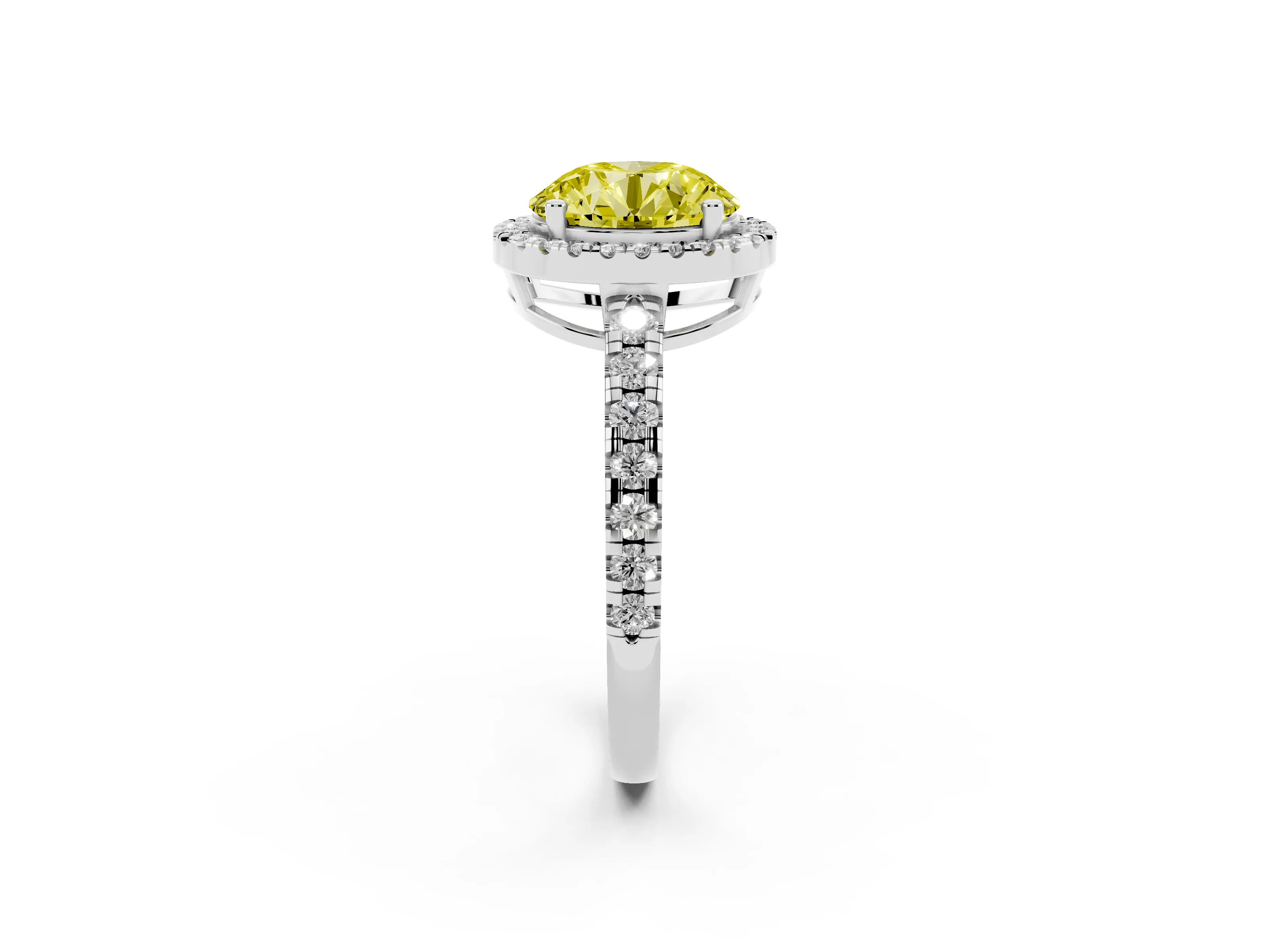 Fancy Yellow Round Cut Diamond Halo Ring Set in Silver with Delicate Pavé Band and Prong Setting