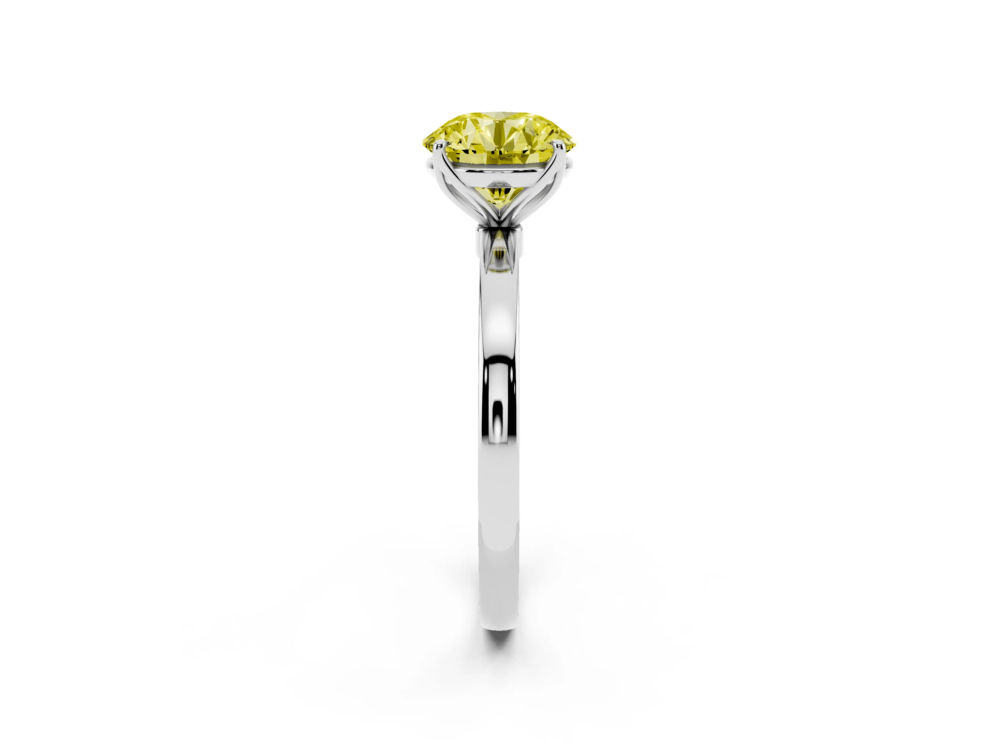 Fancy Yellow Round Cut Diamond Solitaire Ring Set in White gold with Prong Setting and Thin Polished Band