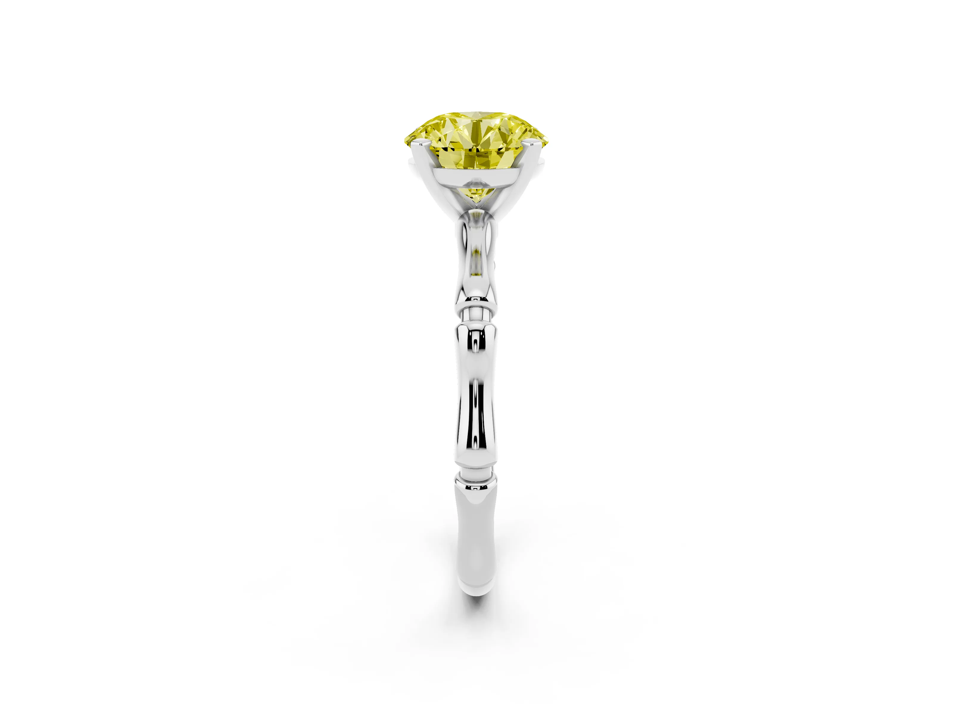 Fancy Yellow Round Cut Diamond Solitaire Ring Set in Platinum with Bamboo Band and Prong Setting