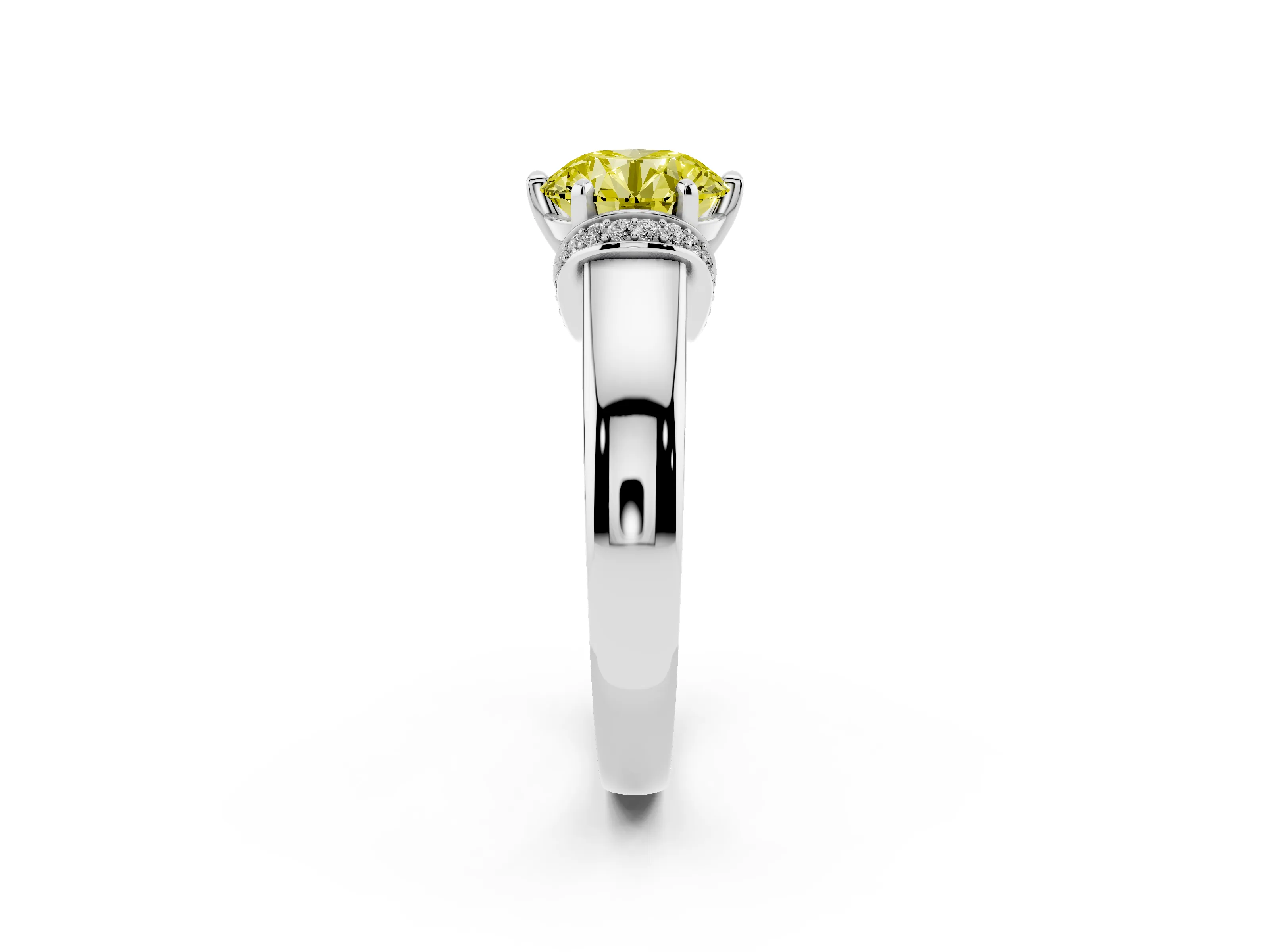 Fancy Yellow Round Cut Diamond Pavé Band Solitaire Ring Set in Silver with Prong Setting
