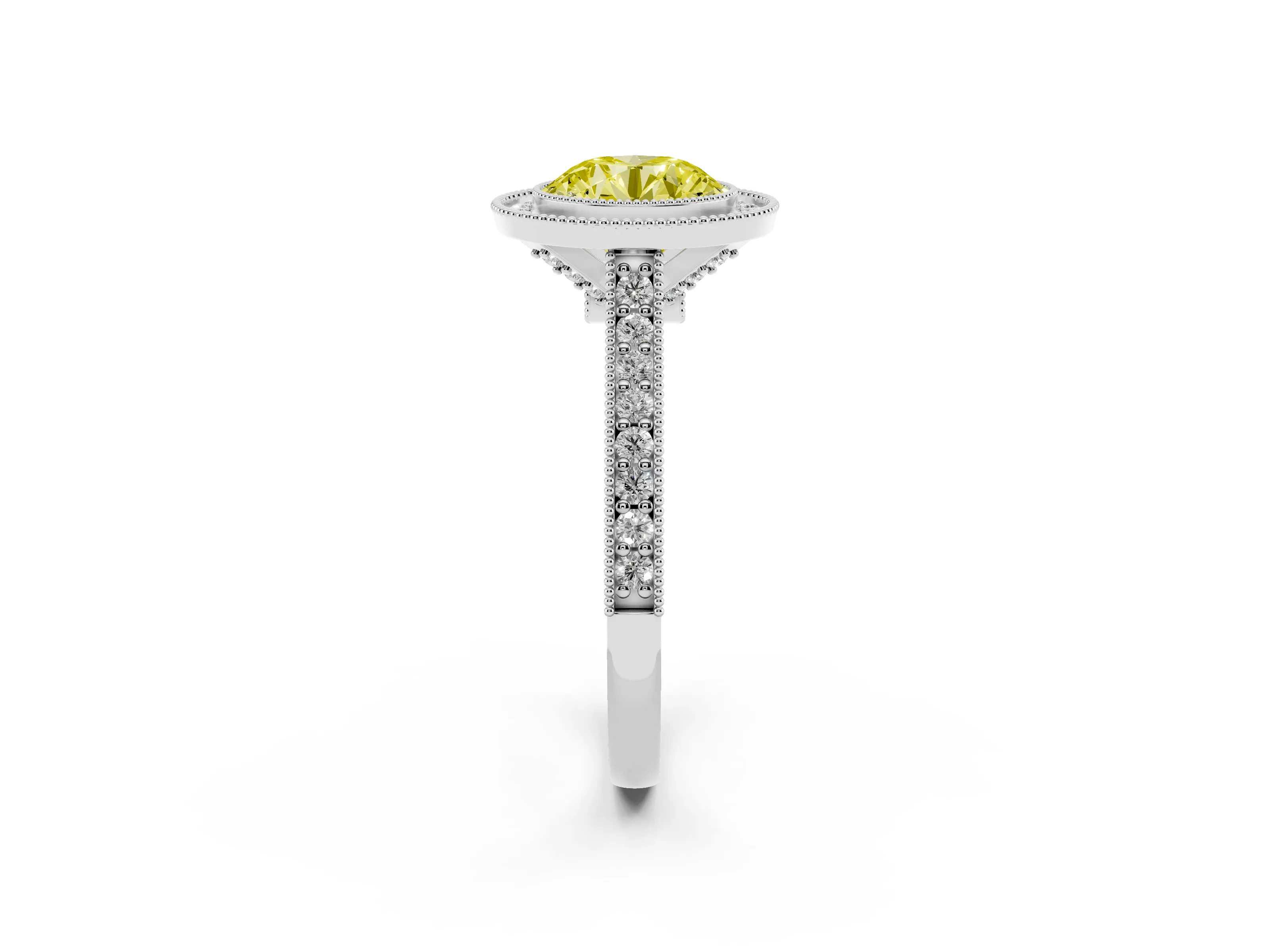 Fancy Yellow Round Cut Diamond Halo Milgrain Pavé Band Ring Set in Platinum with Prong Setting