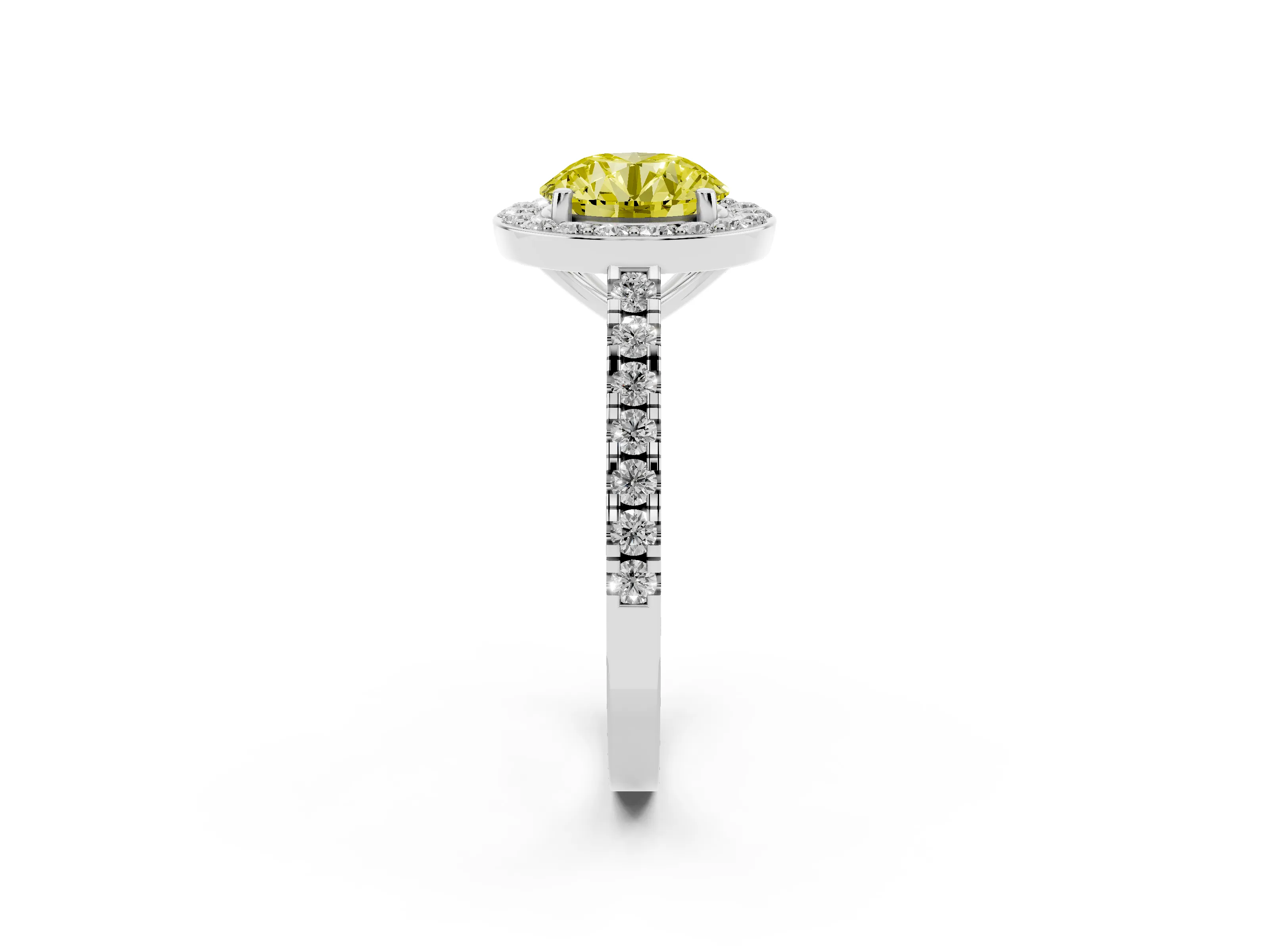 Fancy Yellow Round Cut Diamond Halo Ring Set in Platinum with Round Pavé Split Shank and Prong Setting