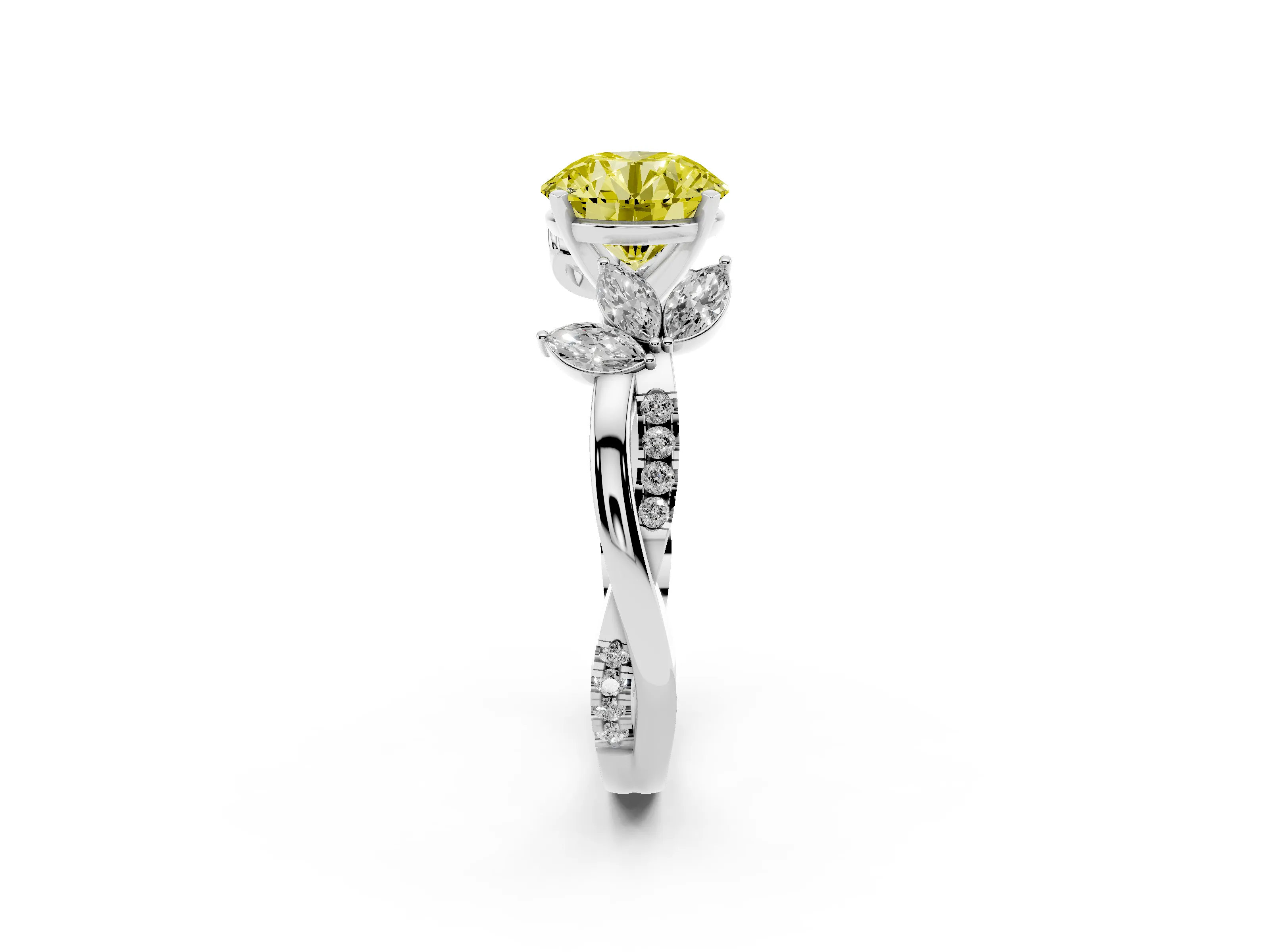 Fancy Yellow Round Cut Diamond Floral Vine Solitaire Engagement Ring Set in White gold with Marquise Leaves