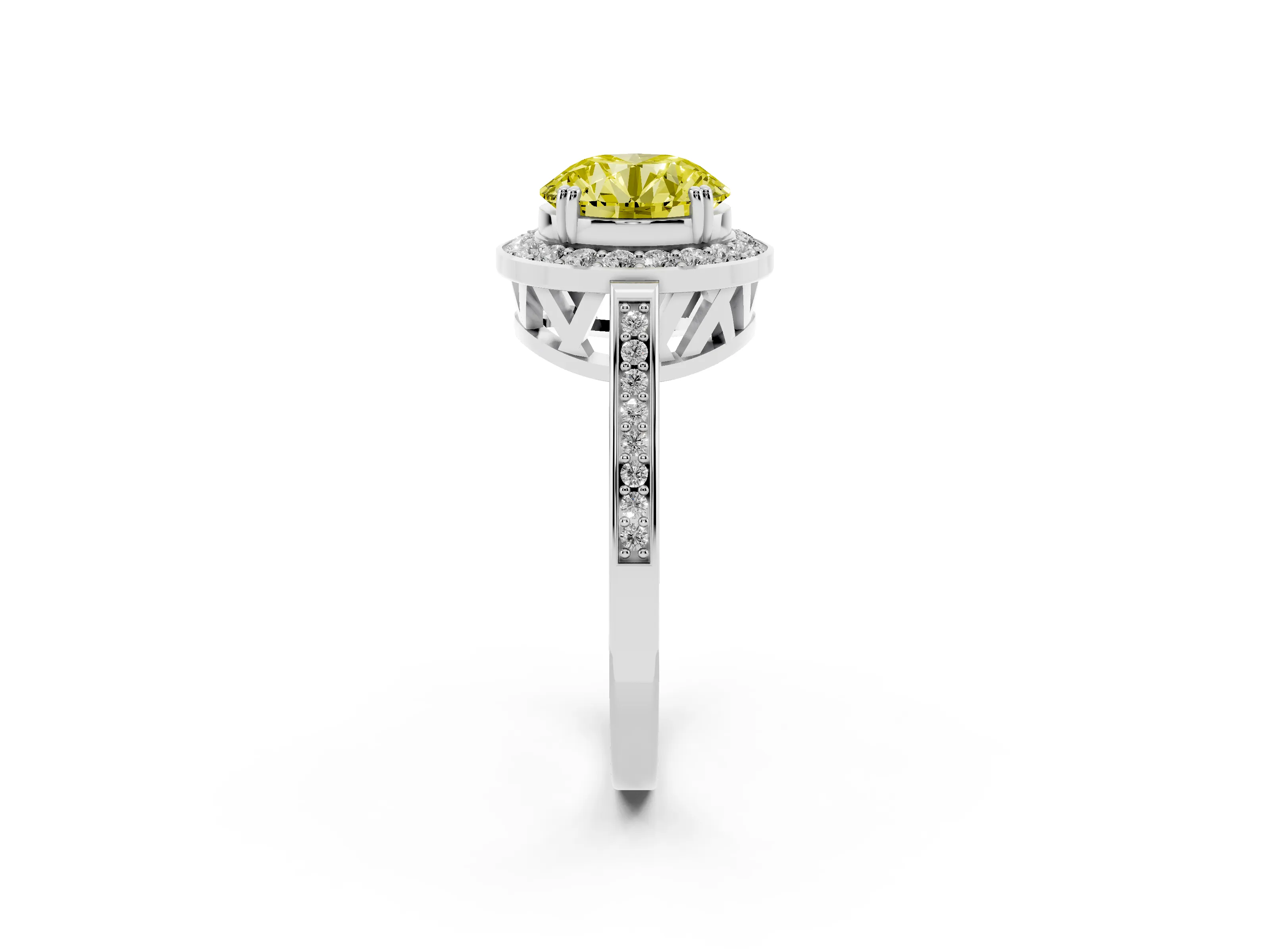 Fancy Yellow Round Cut Diamond Halo Ring Set in Silver with Accent-Lined Split Shank and Prong Setting