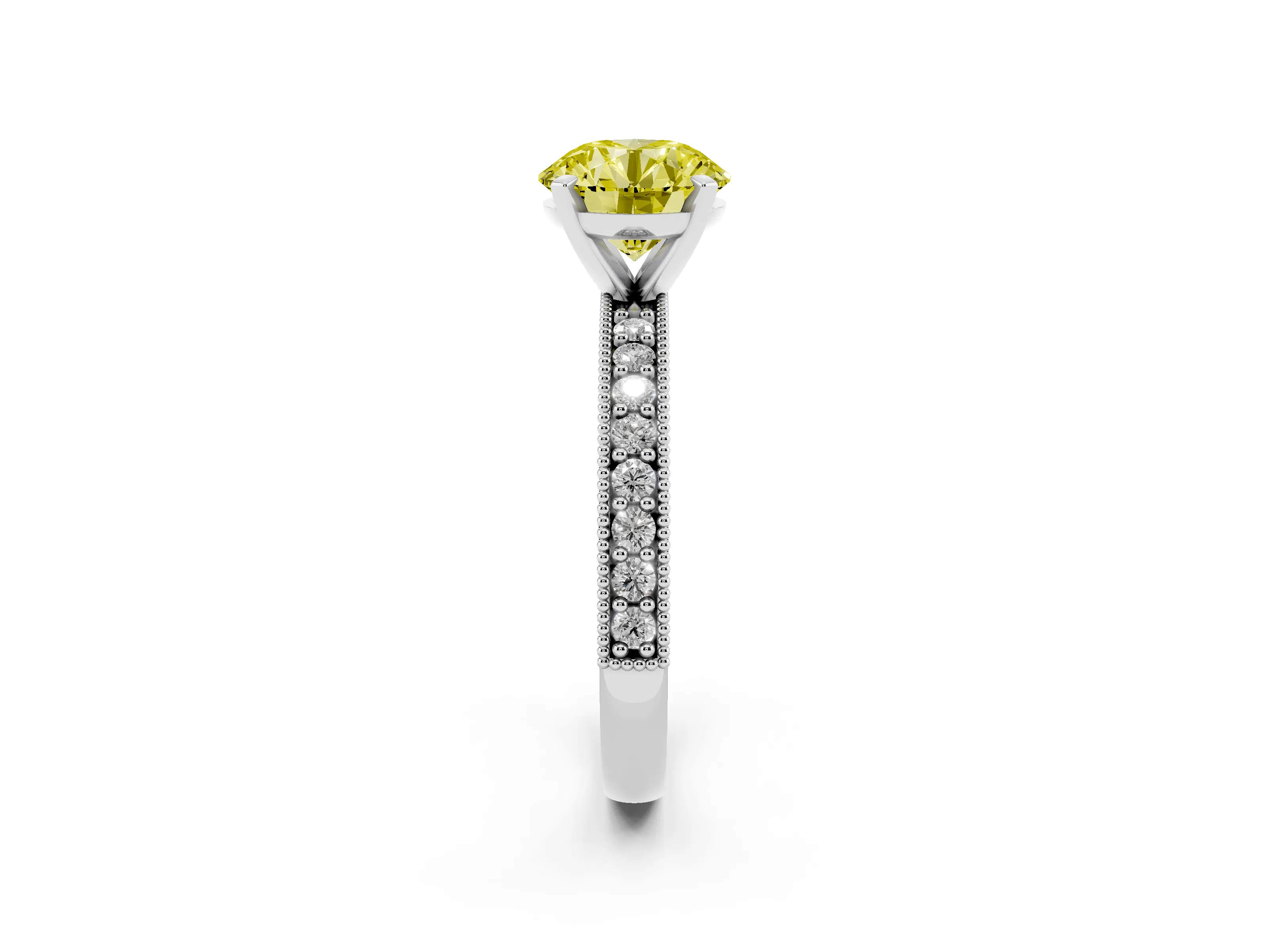 Fancy Yellow Round Cut Diamond Milgrain Pavé Engagement Ring Set in Platinum with Prong Setting