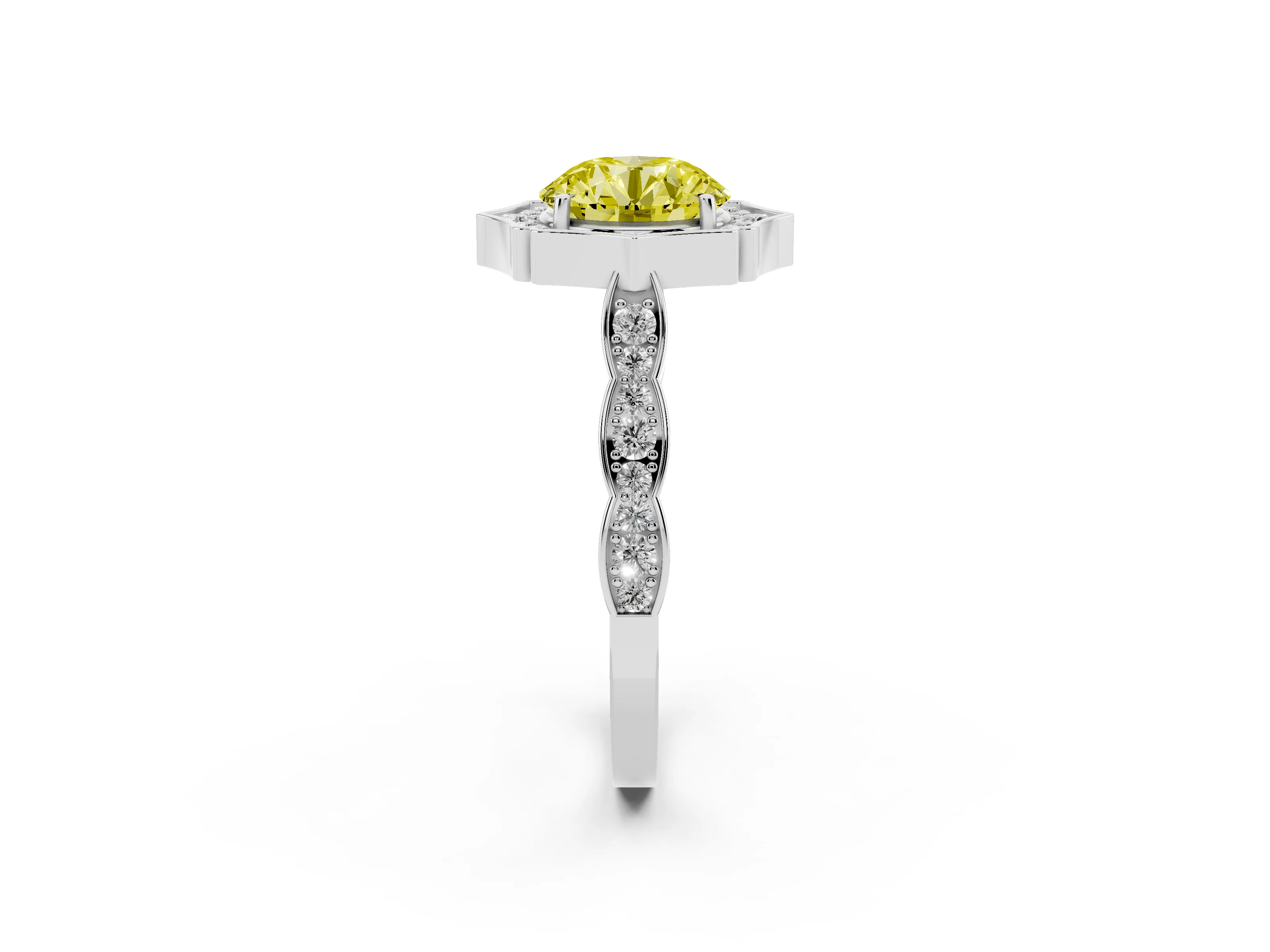 Fancy Yellow Round Cut Diamond Halo Engagement Ring Set in White gold with Milgrain Band and Prong Setting