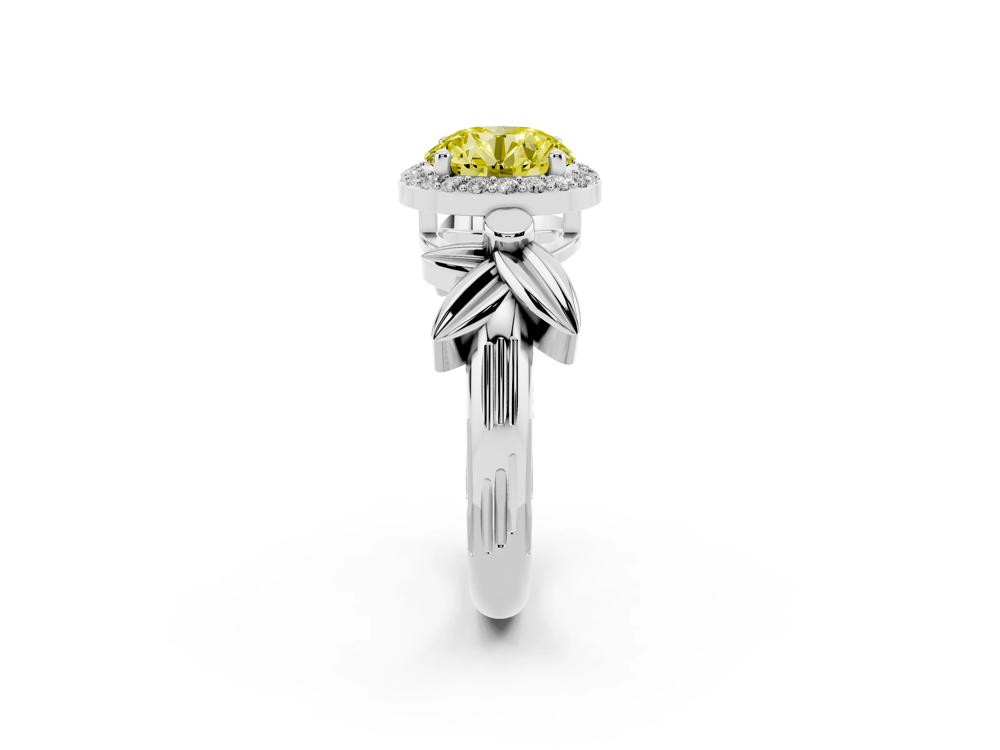 Fancy Yellow Round Cut Diamond Halo Floral Band Ring Set in Silver with Prong Setting