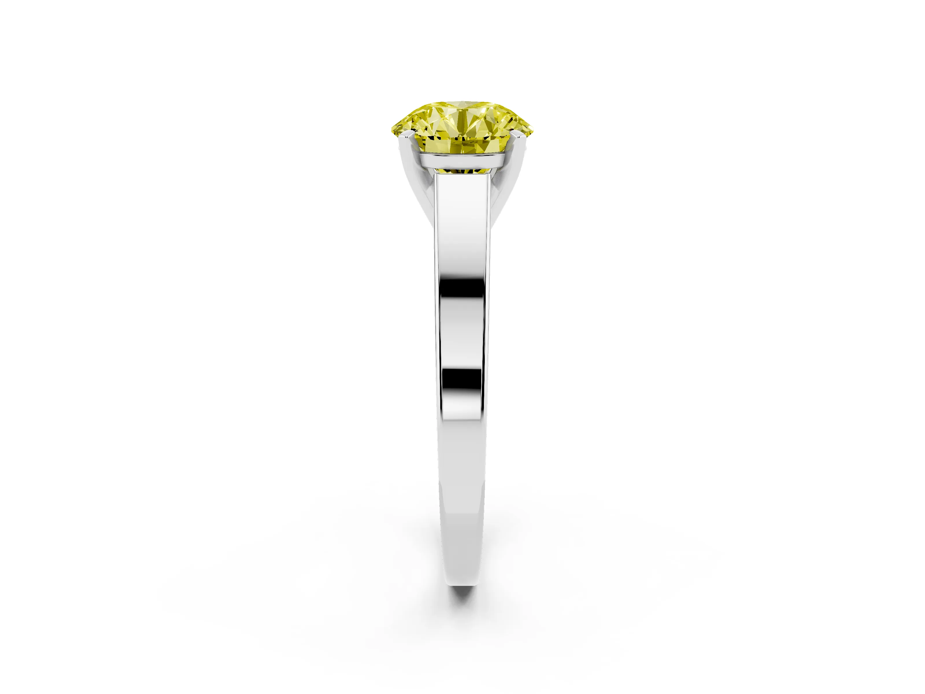 Fancy Yellow Round Cut Diamond Solitaire Engagement Ring Set in White gold with Prong Setting and Tapered Band
