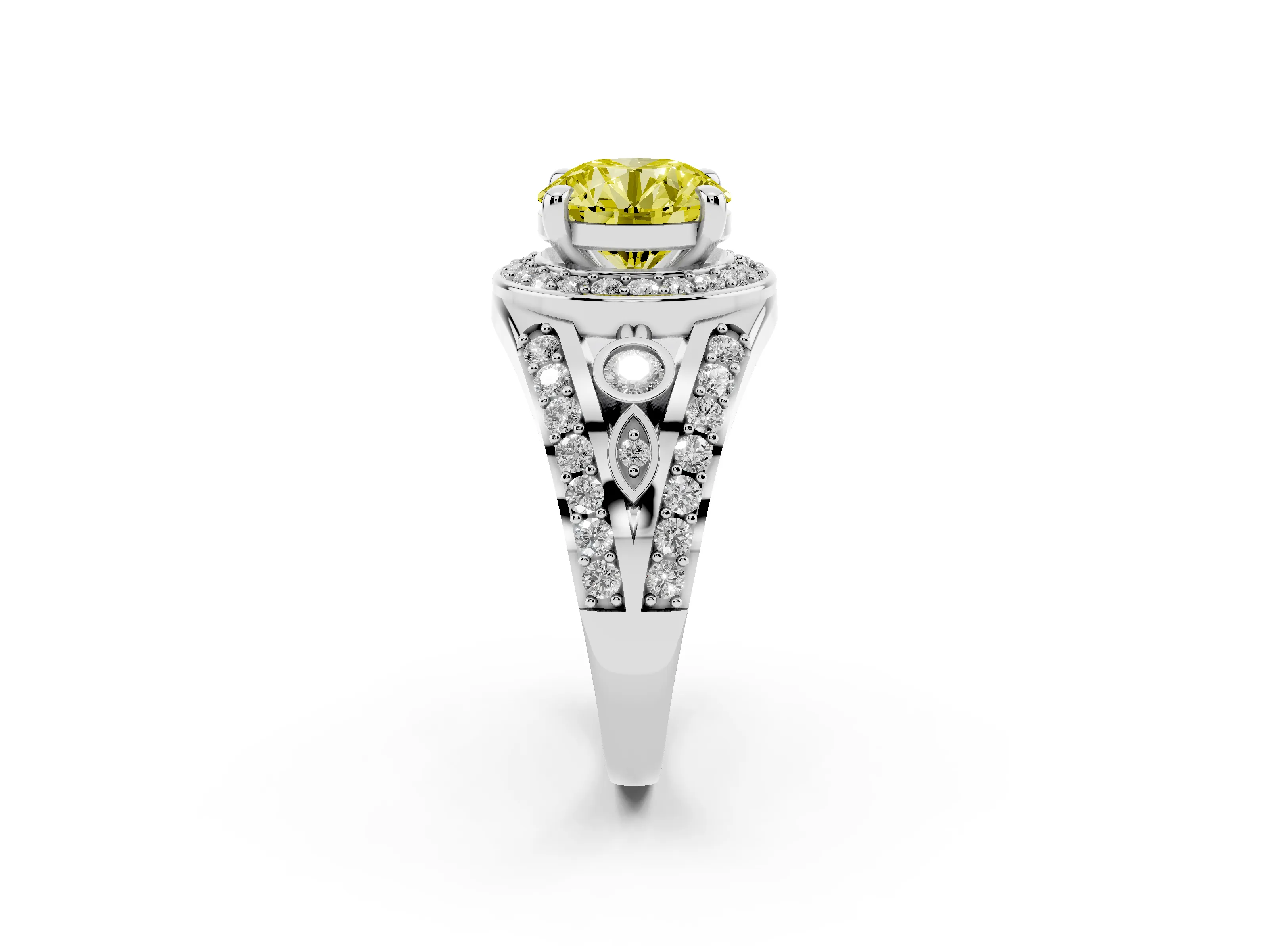 Fancy Yellow Round Cut Diamond Halo Ring Set in Silver with Pavé Split Shank and Bezel Accents