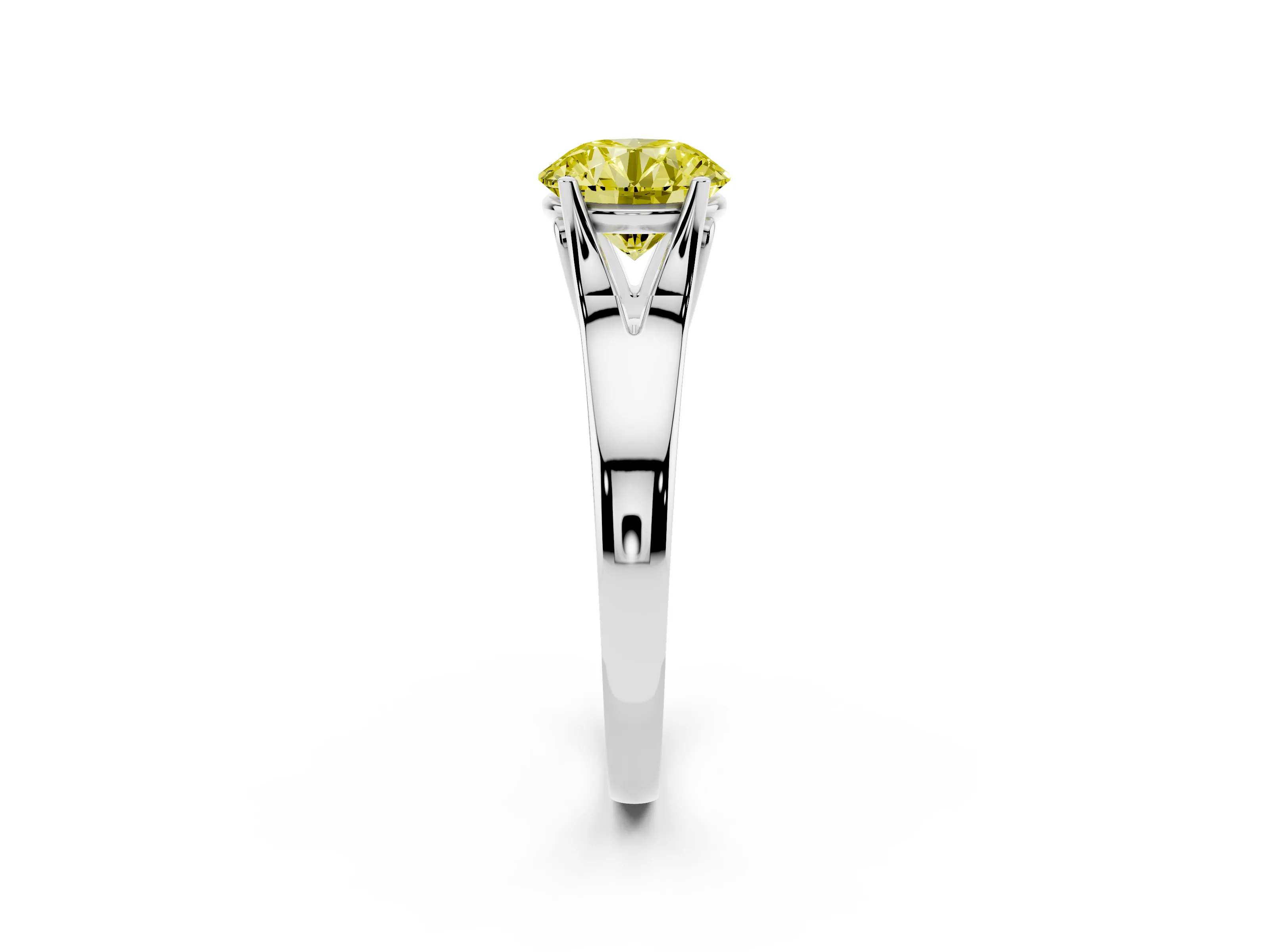 Fancy Yellow Round Cut Diamond Solitaire Ring Set in White gold with Arched Cathedral Band and Prong Setting