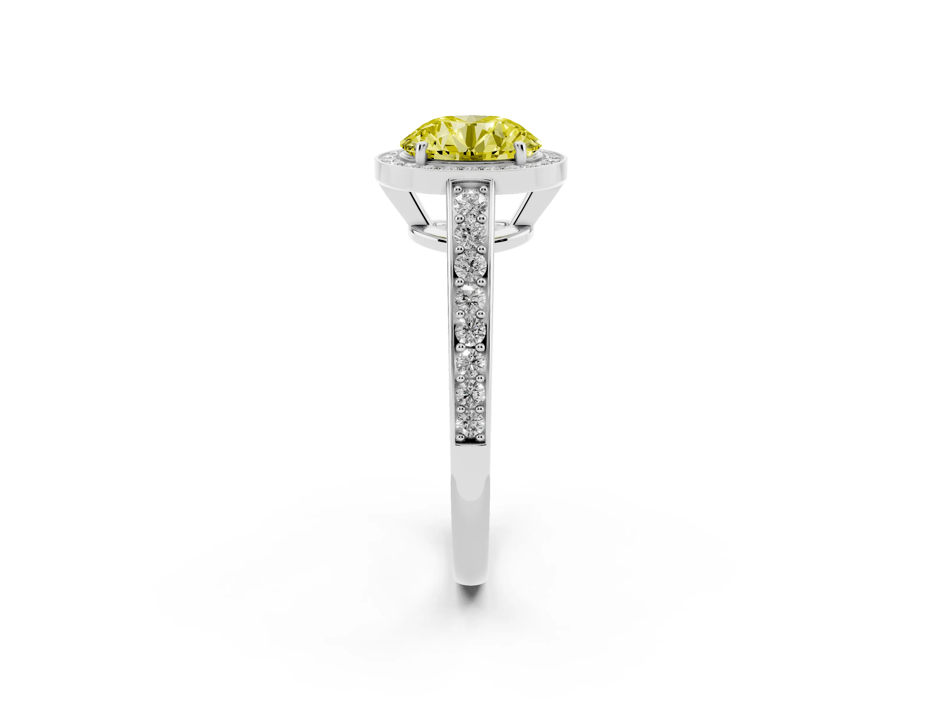 Fancy Yellow Round Cut Diamond Halo Pavé Engagement Ring Set in Platinum with Bezel Setting