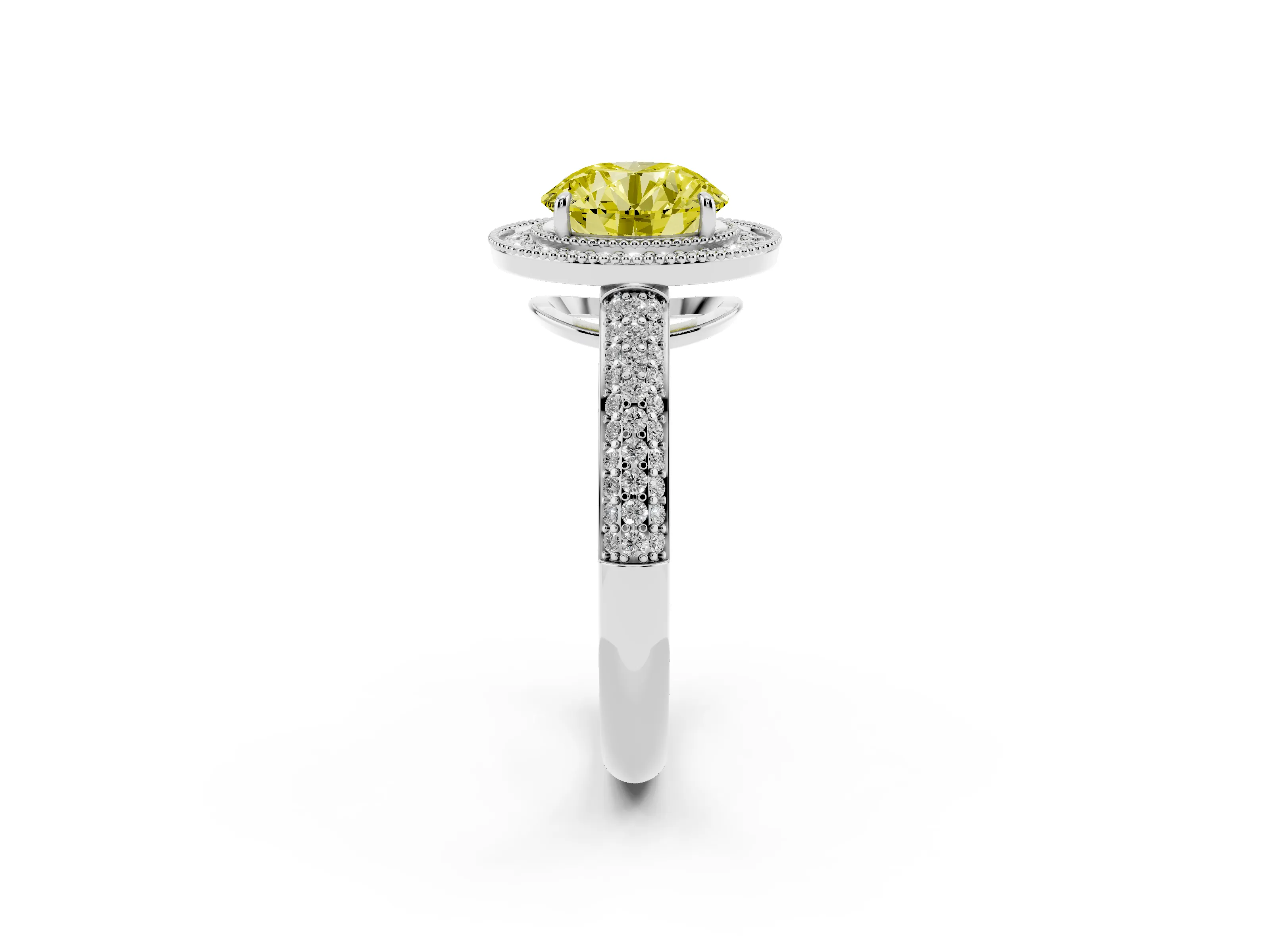 Fancy Yellow Round Cut Diamond Halo Pavé Band Set in Silver with Prong Setting