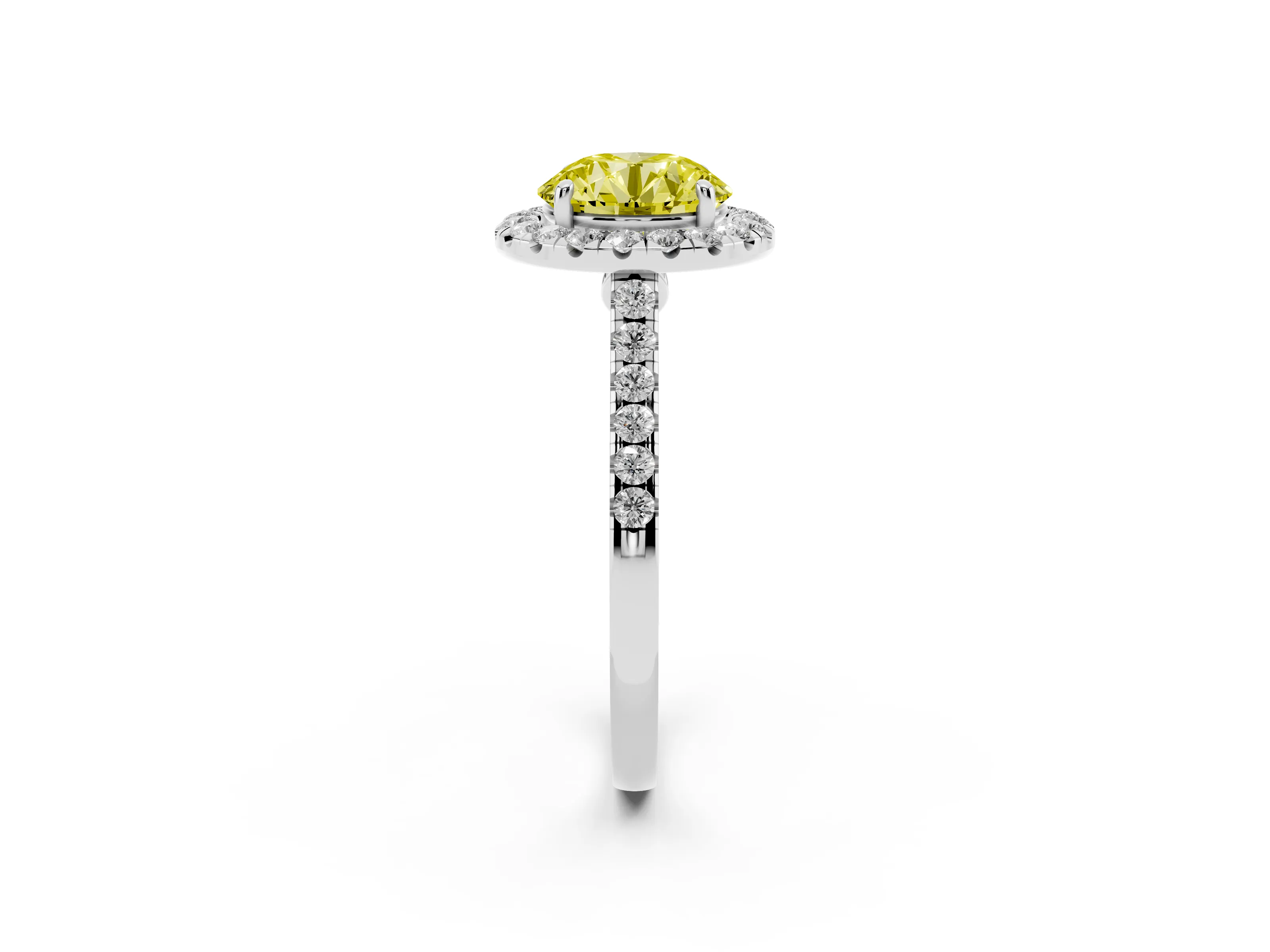 Fancy Yellow Round Cut Diamond Halo Pavé Engagement Ring Set in White gold with Prong Setting
