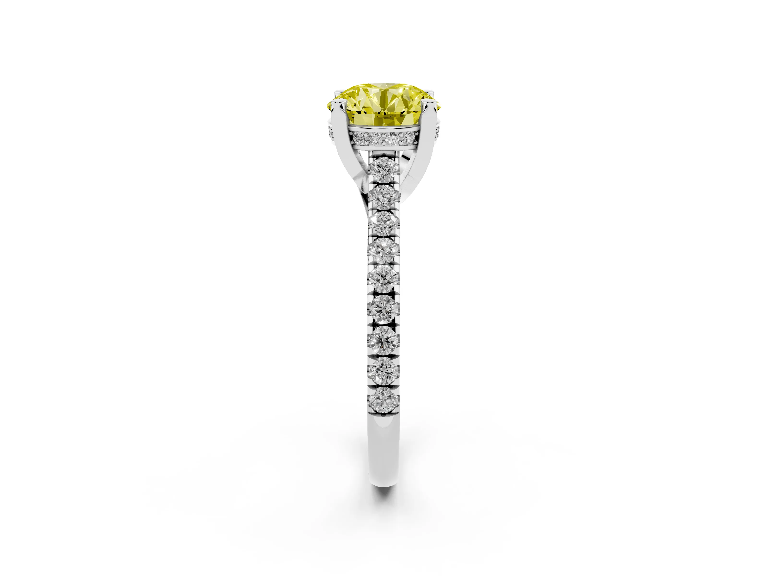 Fancy Yellow Round Cut Diamond Solitaire Ring Set in Platinum with Brilliant Pavé Band and Prong Setting