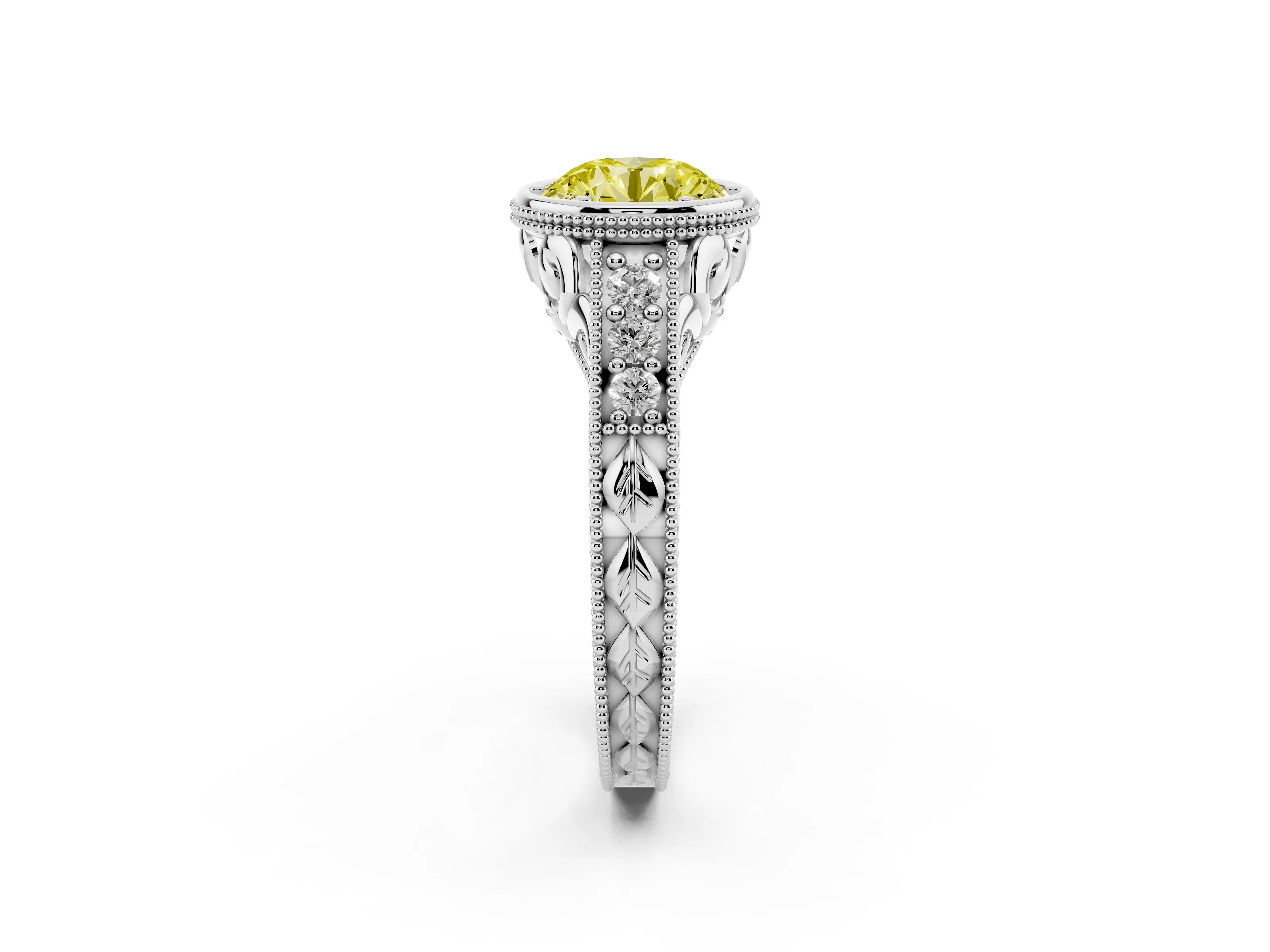 Fancy Yellow Bezel Set Round Cut Diamond Milgrain Pavé Engagement Ring Set in Silver