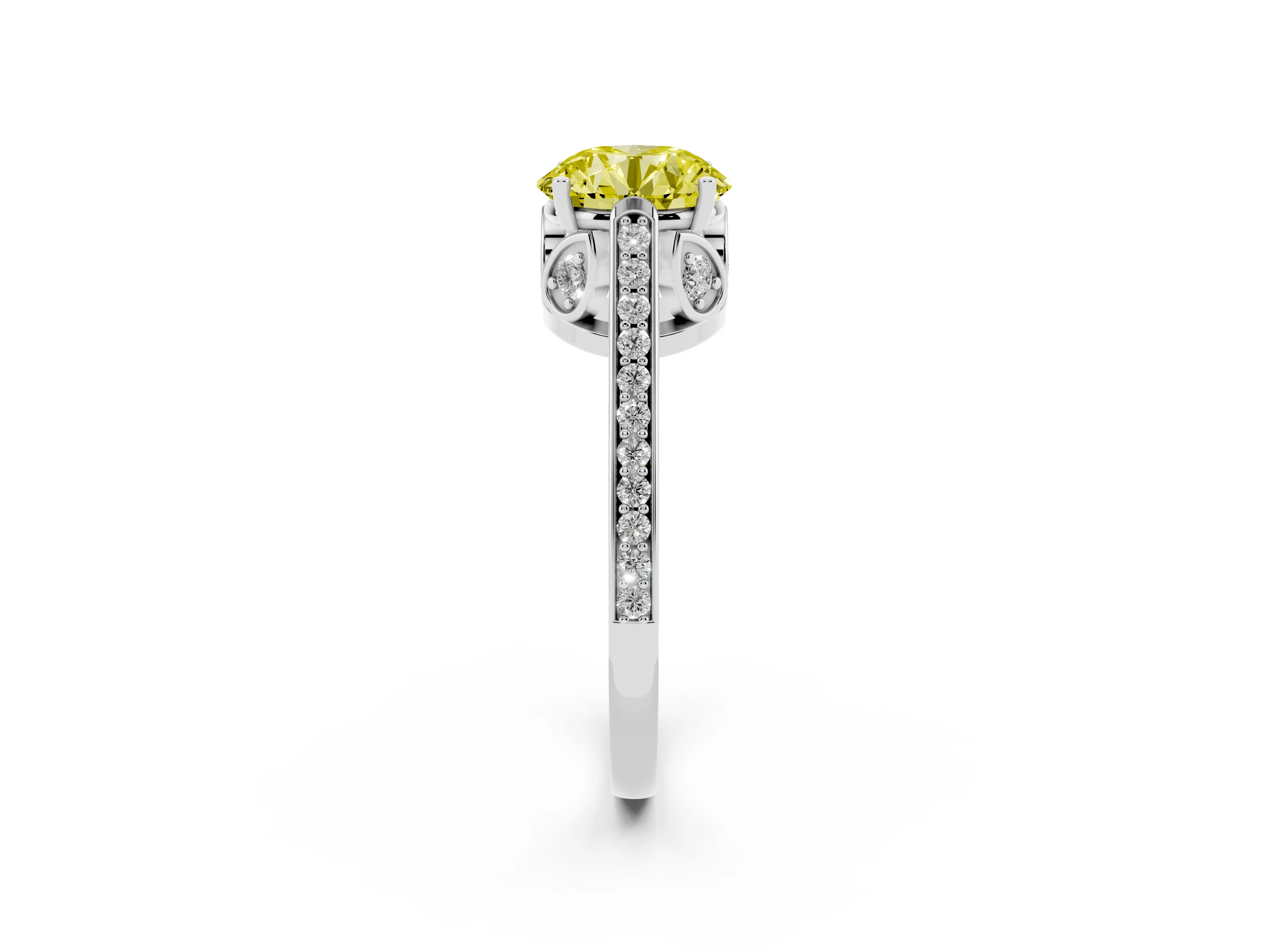 Fancy Yellow Round Cut Diamond Cathedral Pavé Engagement Ring Set in White gold with Prong Setting