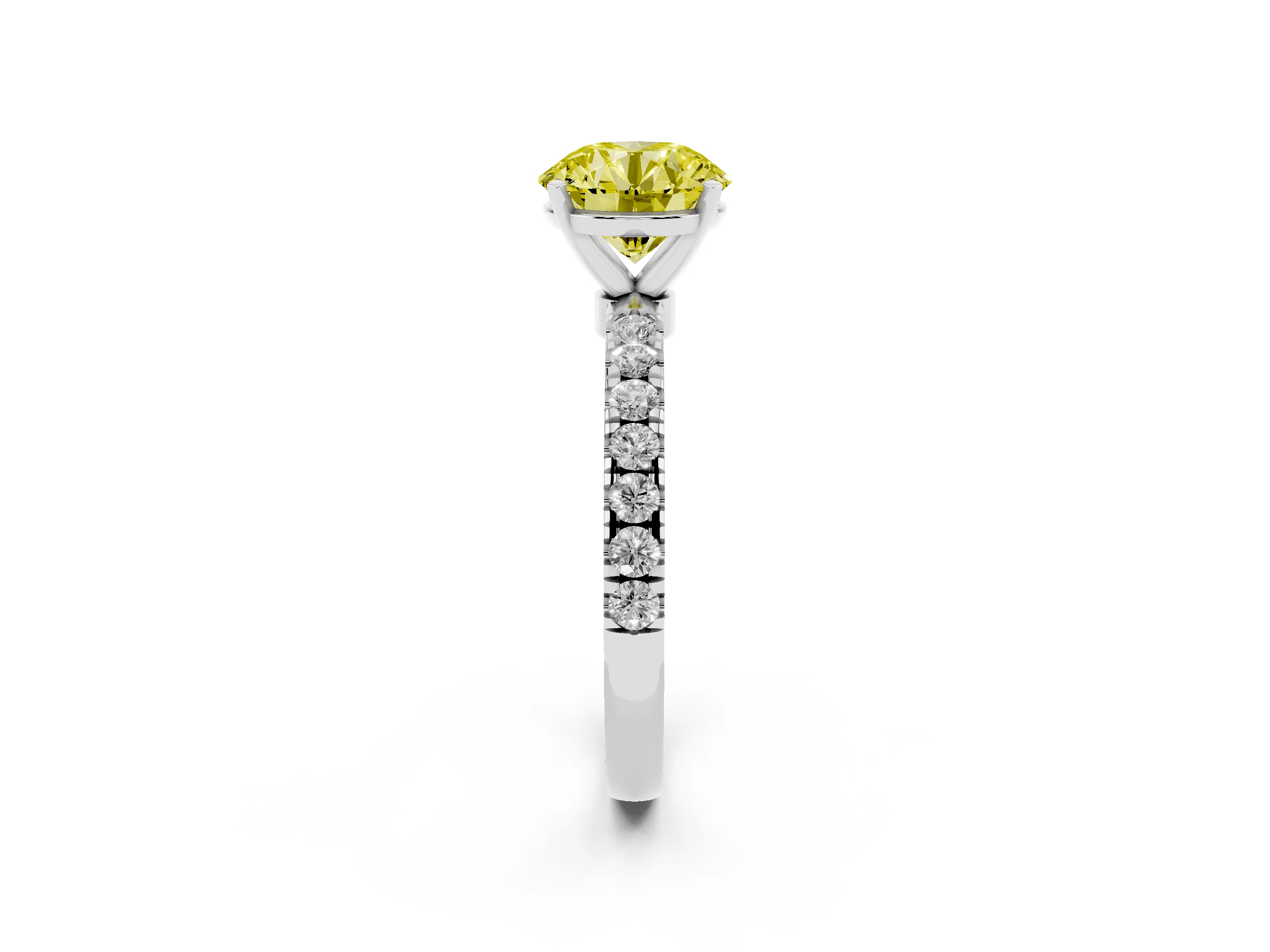 Fancy Yellow Round Cut Diamond Solitaire Ring Set in Silver with Pavé Accents and Prong Setting