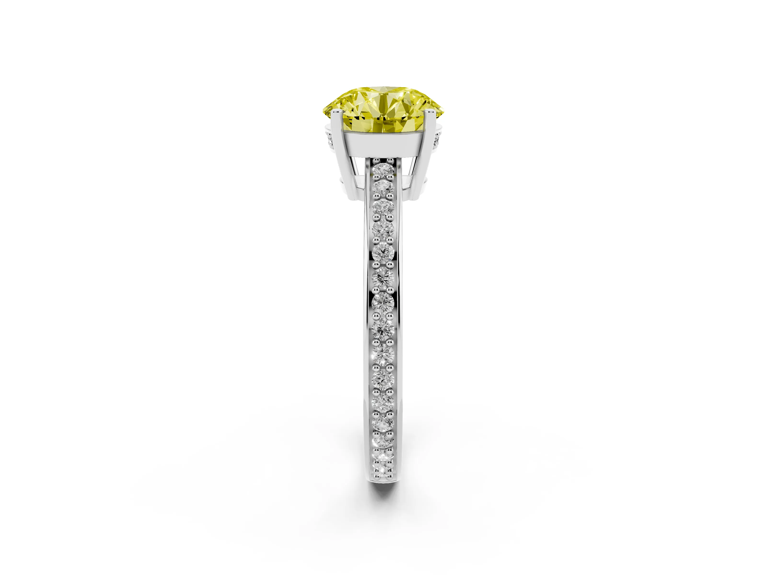 Fancy Yellow Round Cut Diamond Pavé Band Prong Set Solitaire Ring Set in Platinum