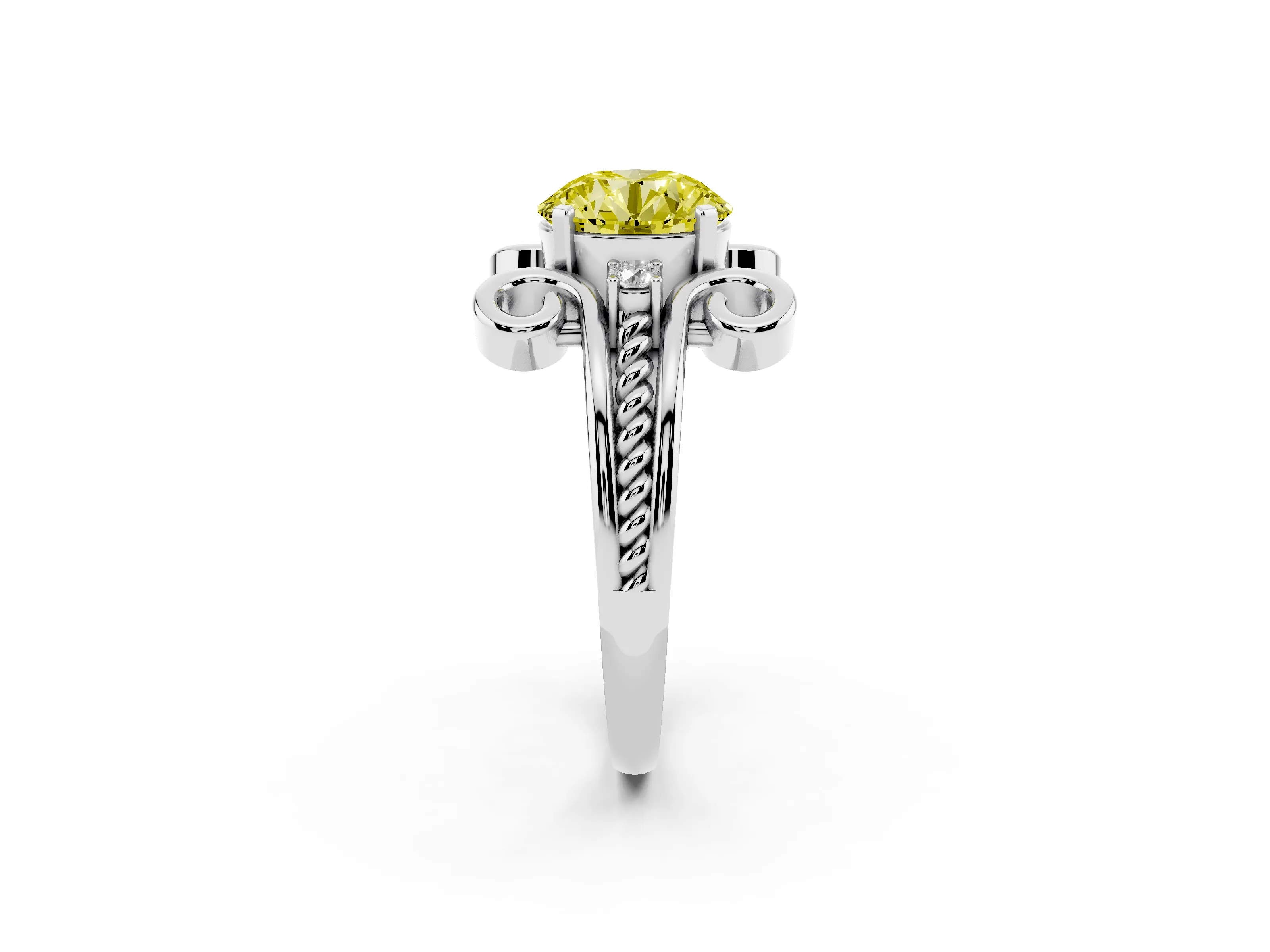 Fancy Yellow Round Cut Diamond Twisted Band Solitaire Ring Set in Platinum with Scroll Prongs