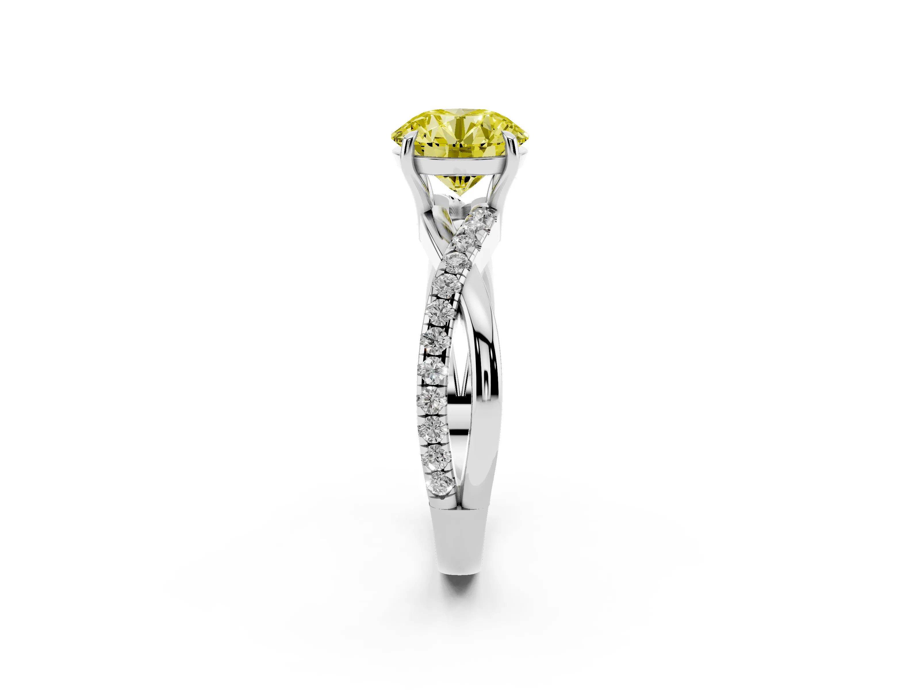 Fancy Yellow Round Cut Diamond Twisted Pavé Band Ring Set in Silver with Prong Setting
