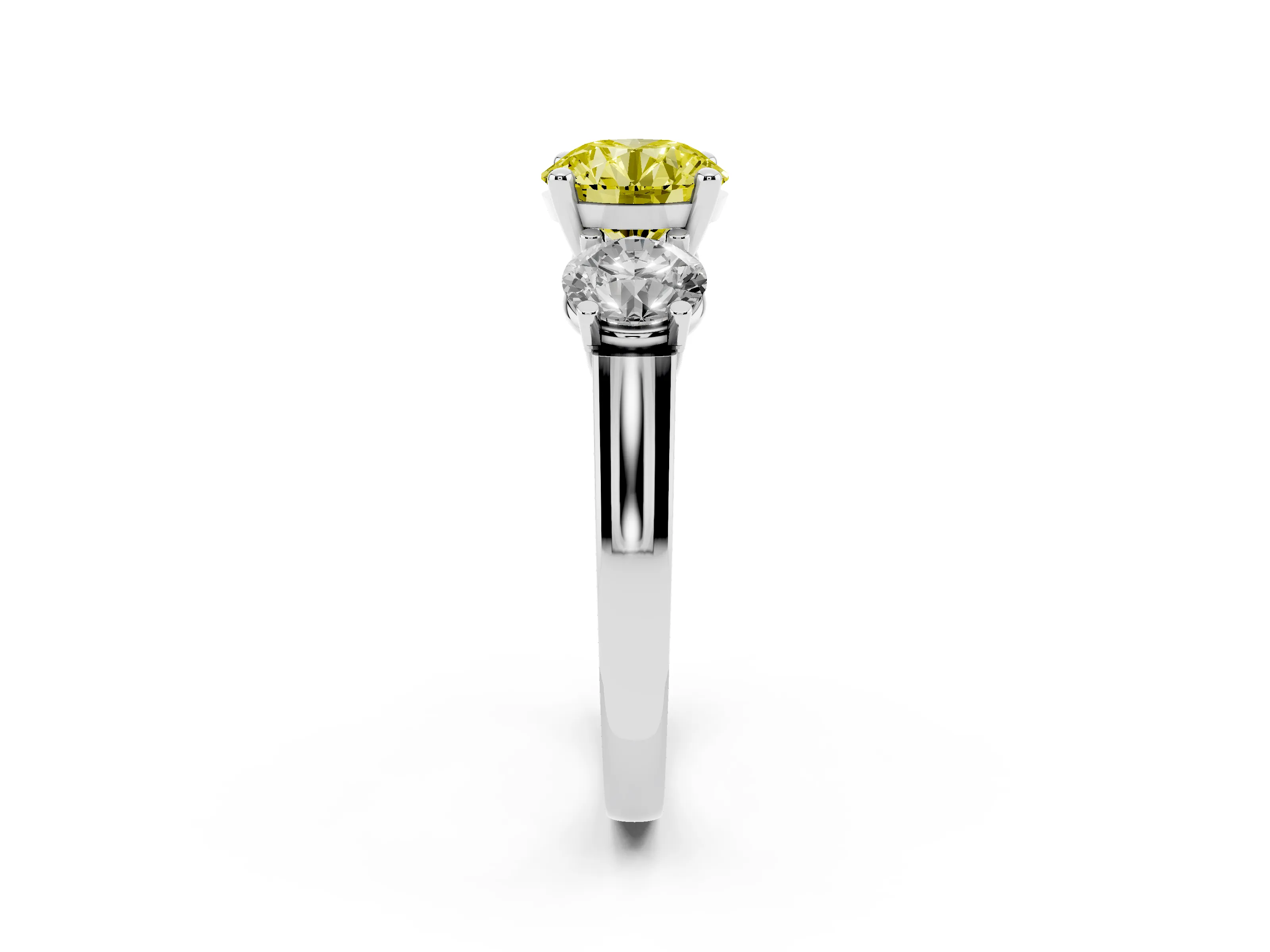 Fancy Yellow Round Cut Diamond Three-Stone Trellis Ring Set in Platinum with Comfort Fit Band