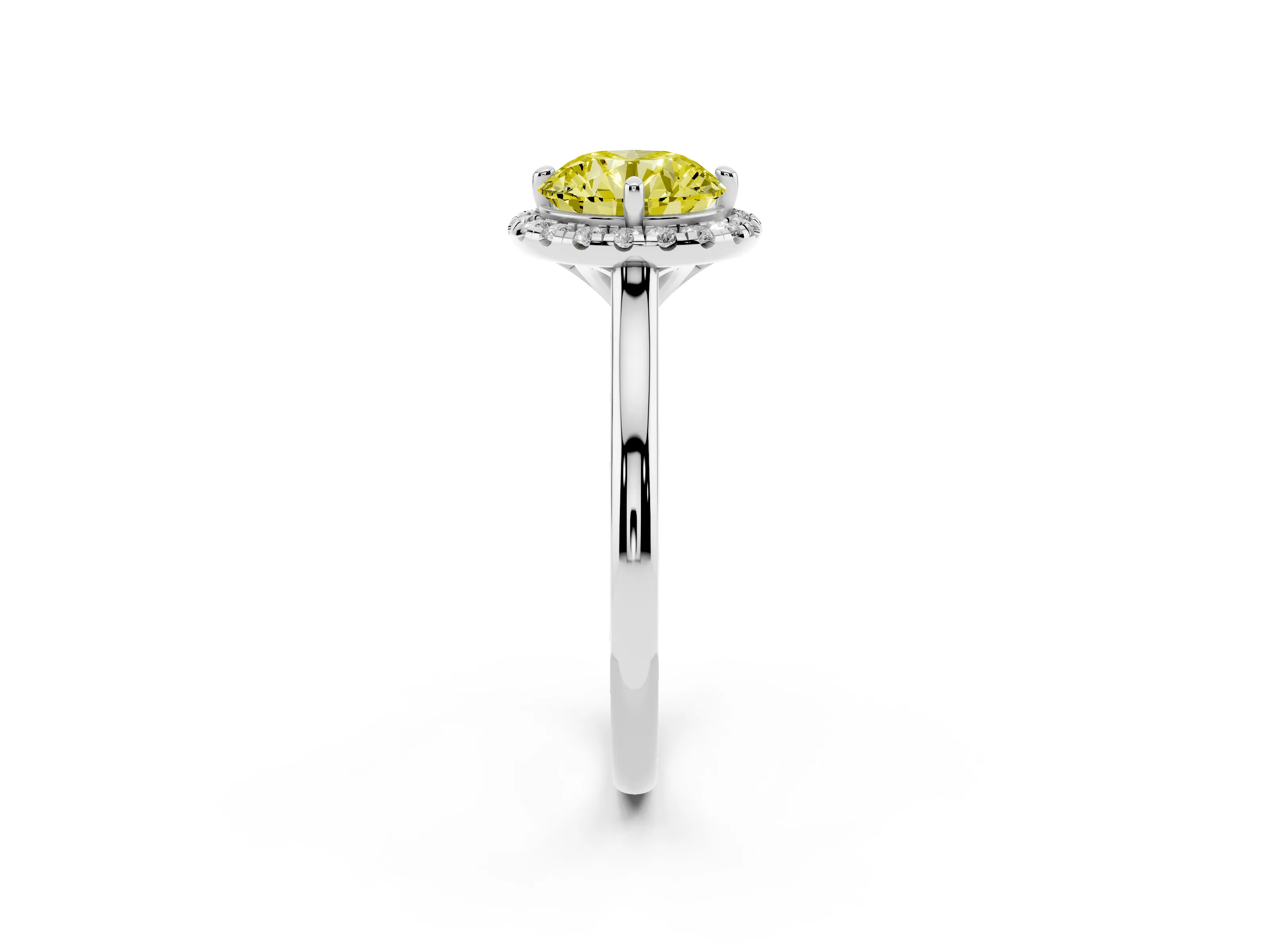 Fancy Yellow Round Cut Diamond Halo Engagement Ring Set in Platinum with Pavé Band and Rising Shoulders