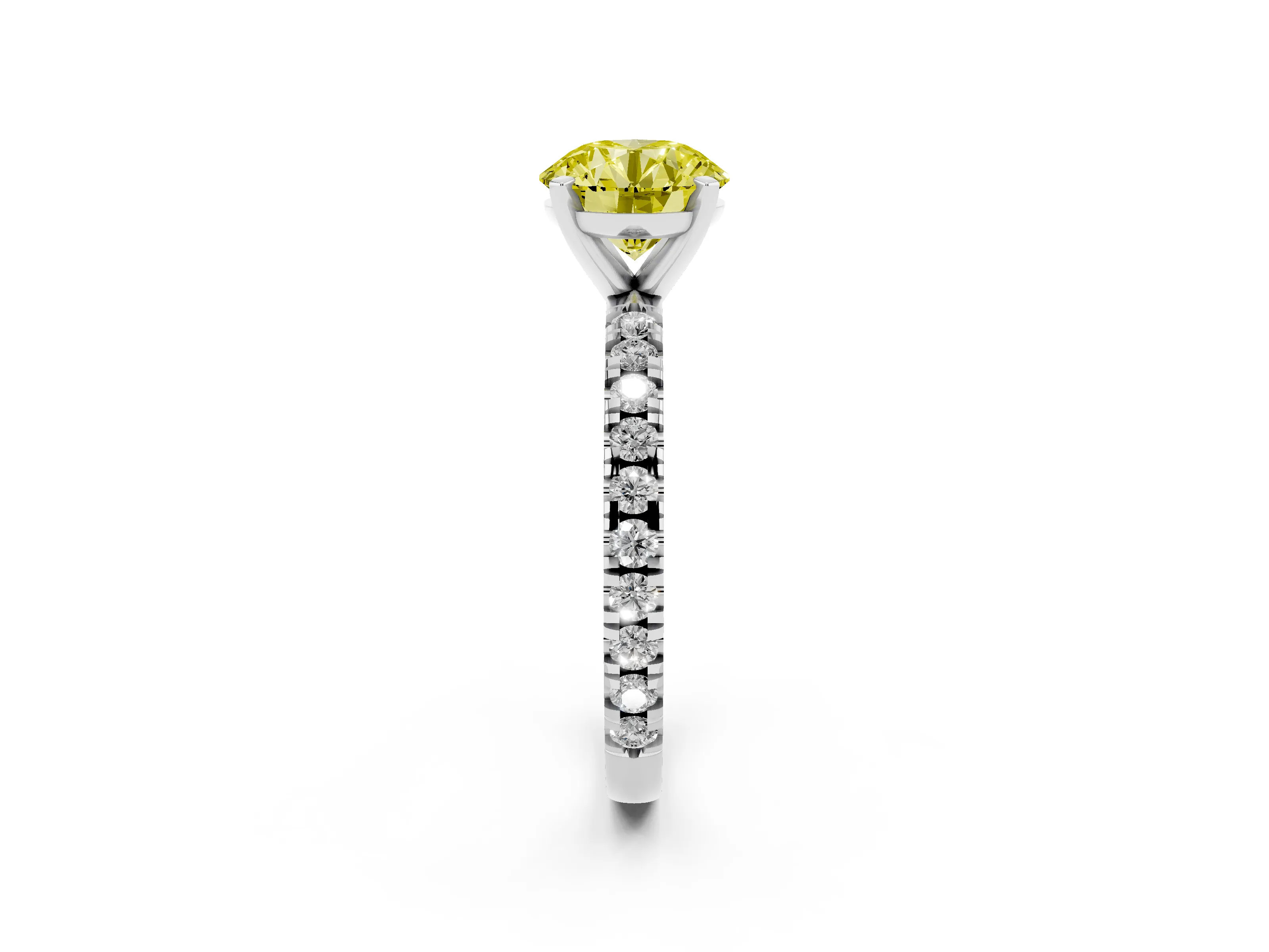 Fancy Yellow Round Cut Diamond Pavé Band Solitaire Set in White gold with Prong Setting