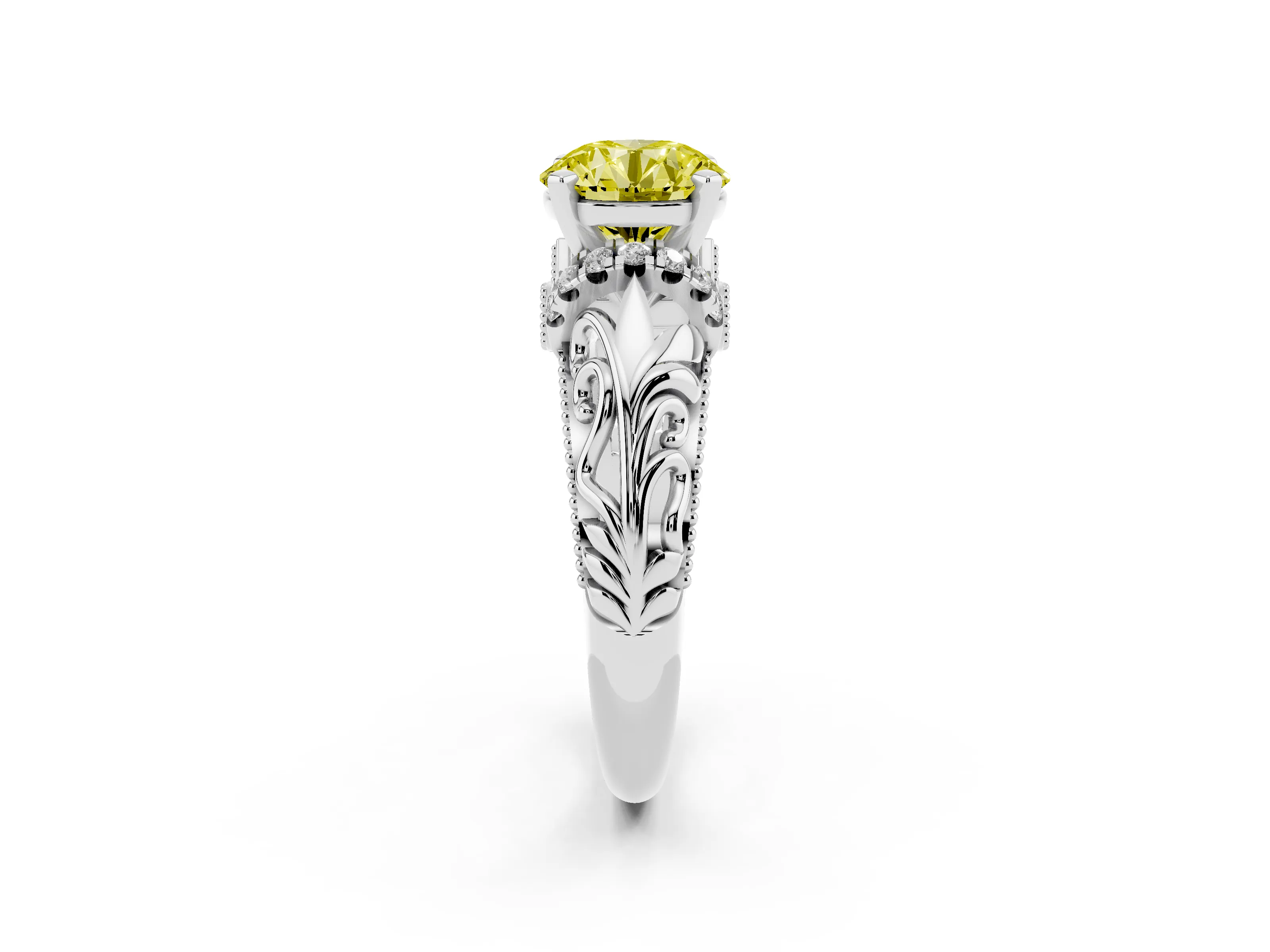 Fancy Yellow Round Cut Diamond Filigree Halo Engagement Ring Set in Platinum with Prong Setting