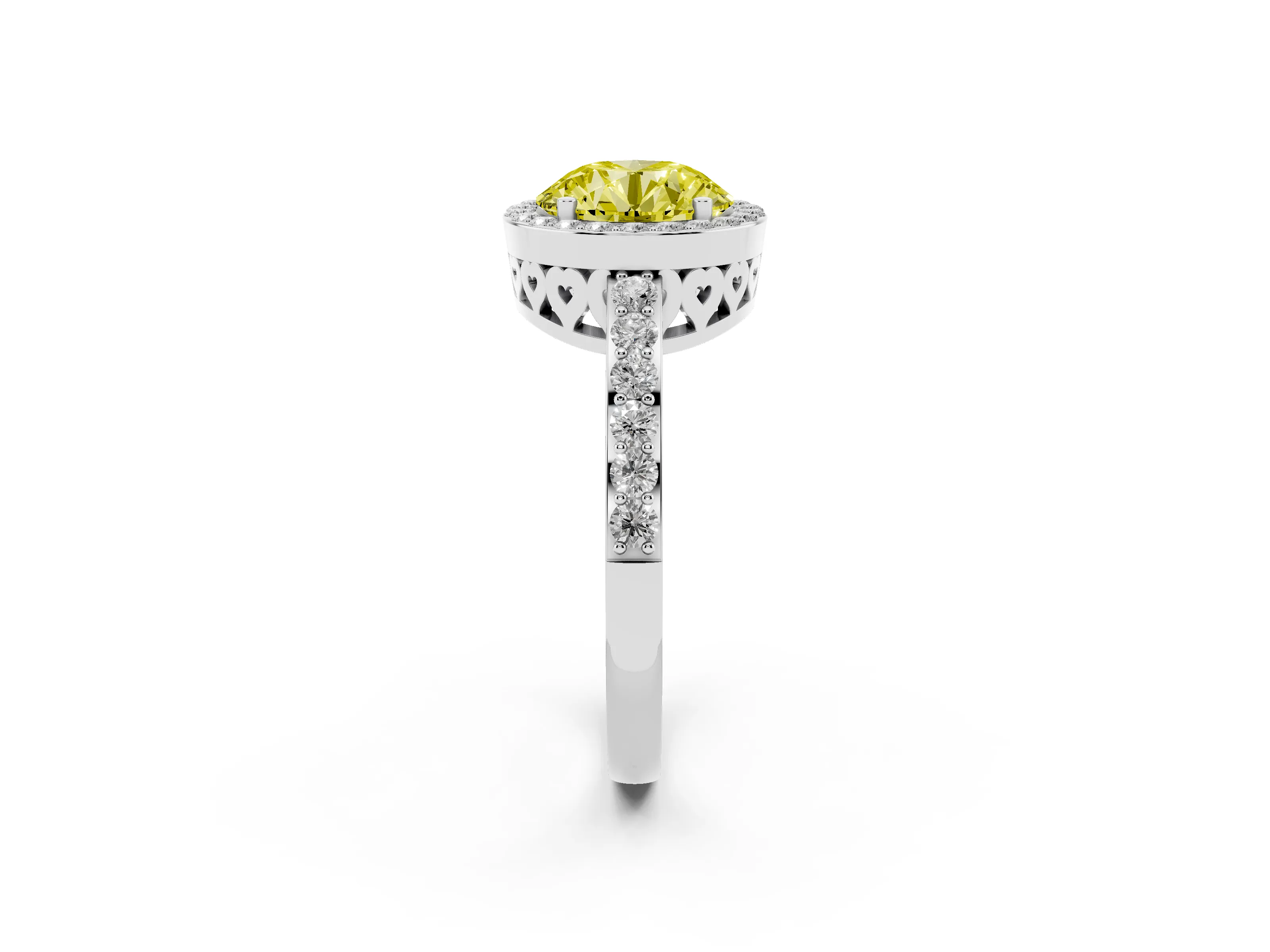 Fancy Yellow Round Cut Diamond Halo Ring Set in White gold with Pavé-Setting Band and Open Prong Center