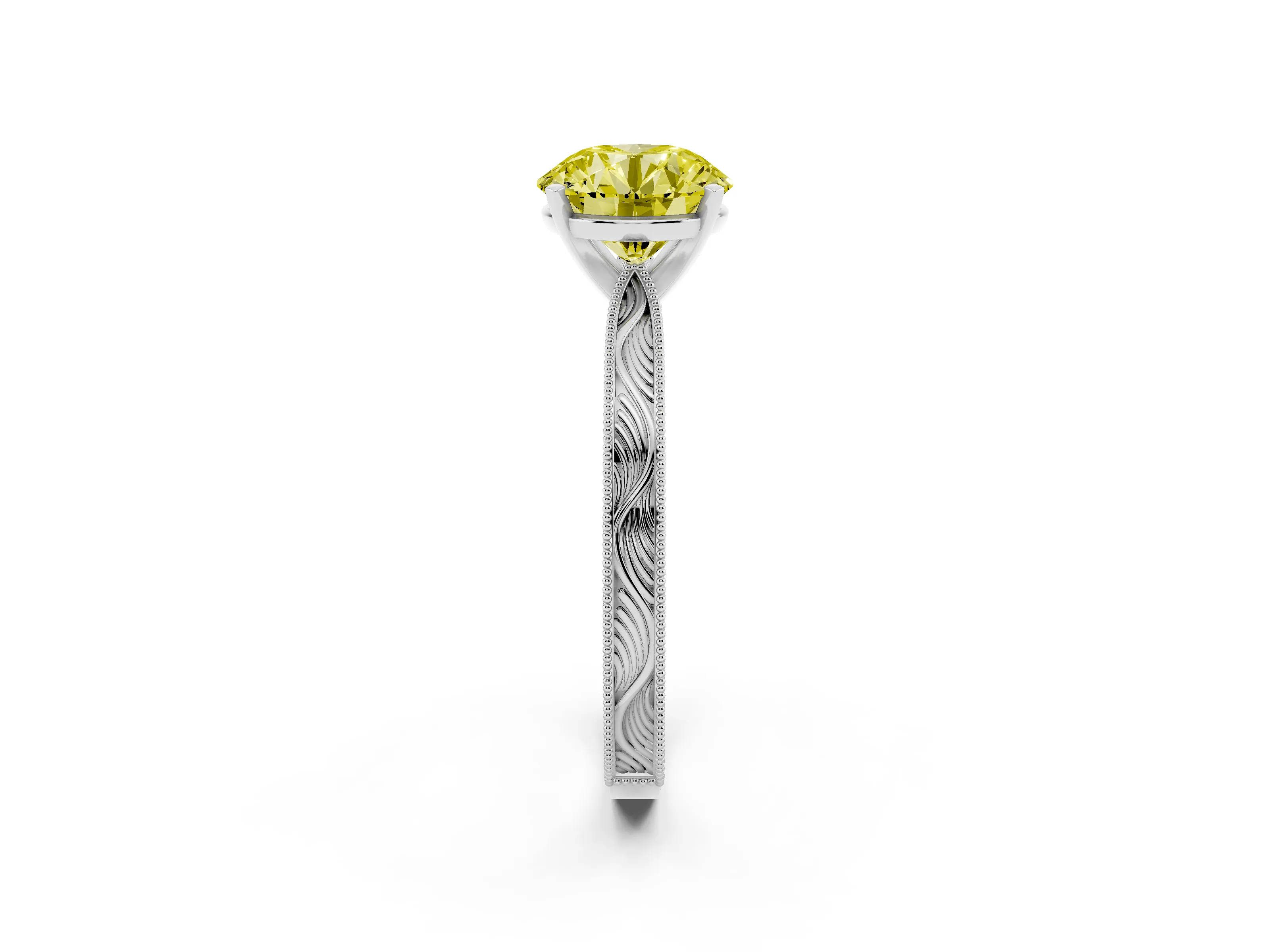 Fancy Yellow Round Cut Diamond Solitaire Milgrain Engraved Band Set in Platinum with Prong Setting