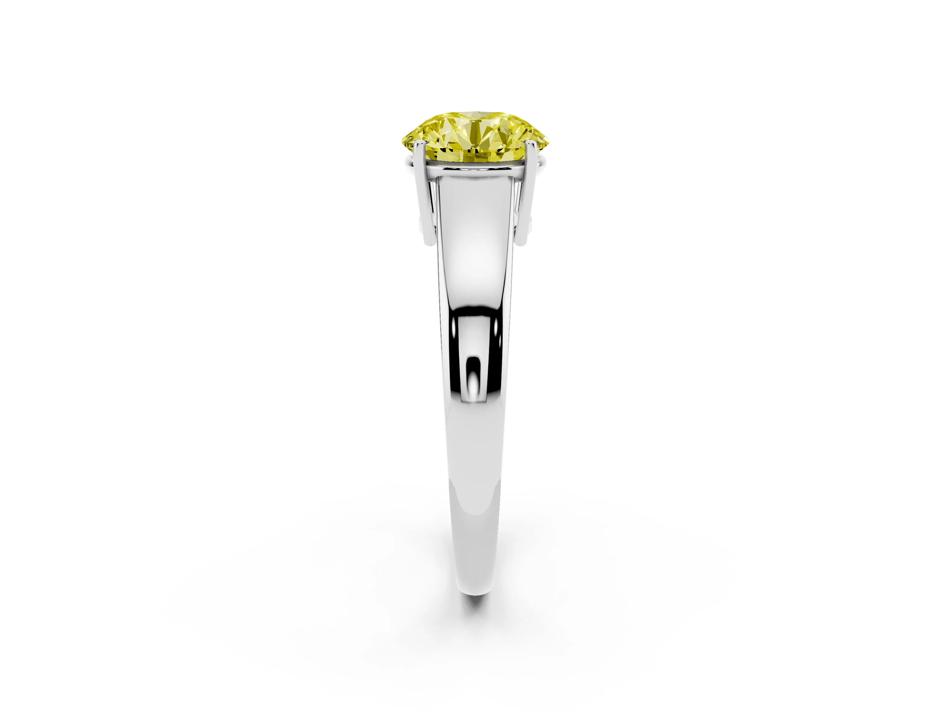 Fancy Yellow Round Cut Diamond Solitaire Ring Set in Silver with Tapered Band and Prong Setting