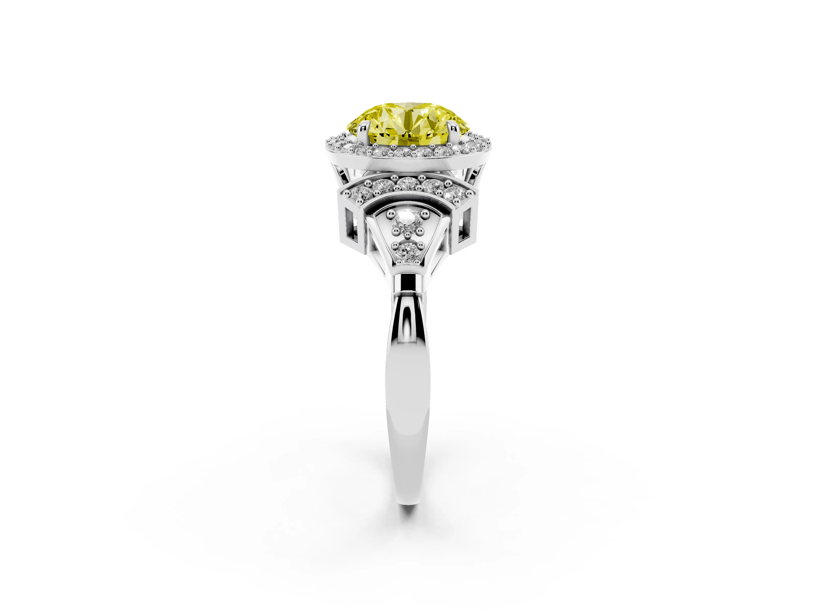 Fancy Yellow Round Cut Diamond Halo Engagement Ring Set in Silver with Accent Stone Split Shank
