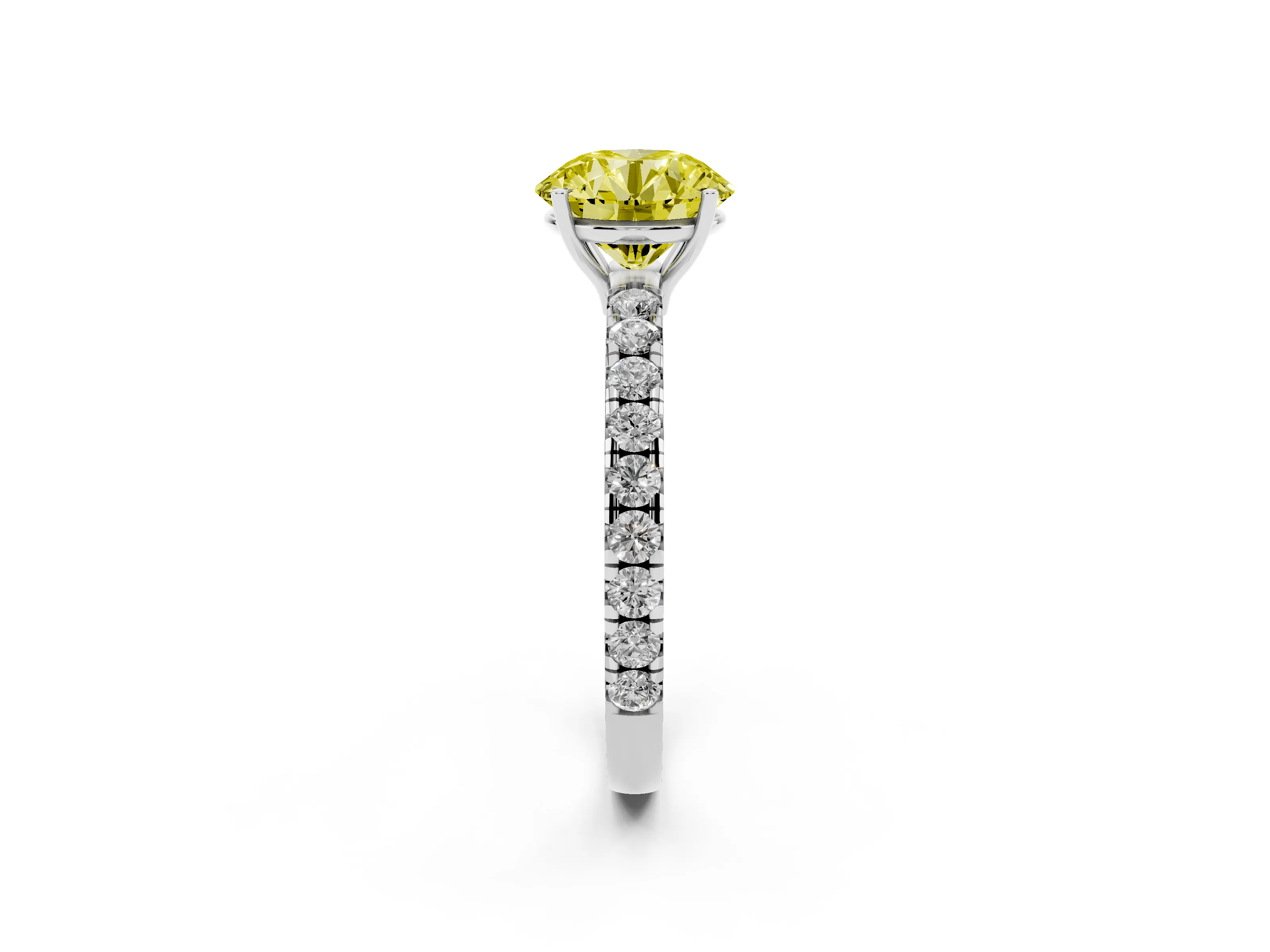 Fancy Yellow Round Cut Diamond Pavé Solitaire Engagement Ring Set in White gold with Prong Setting