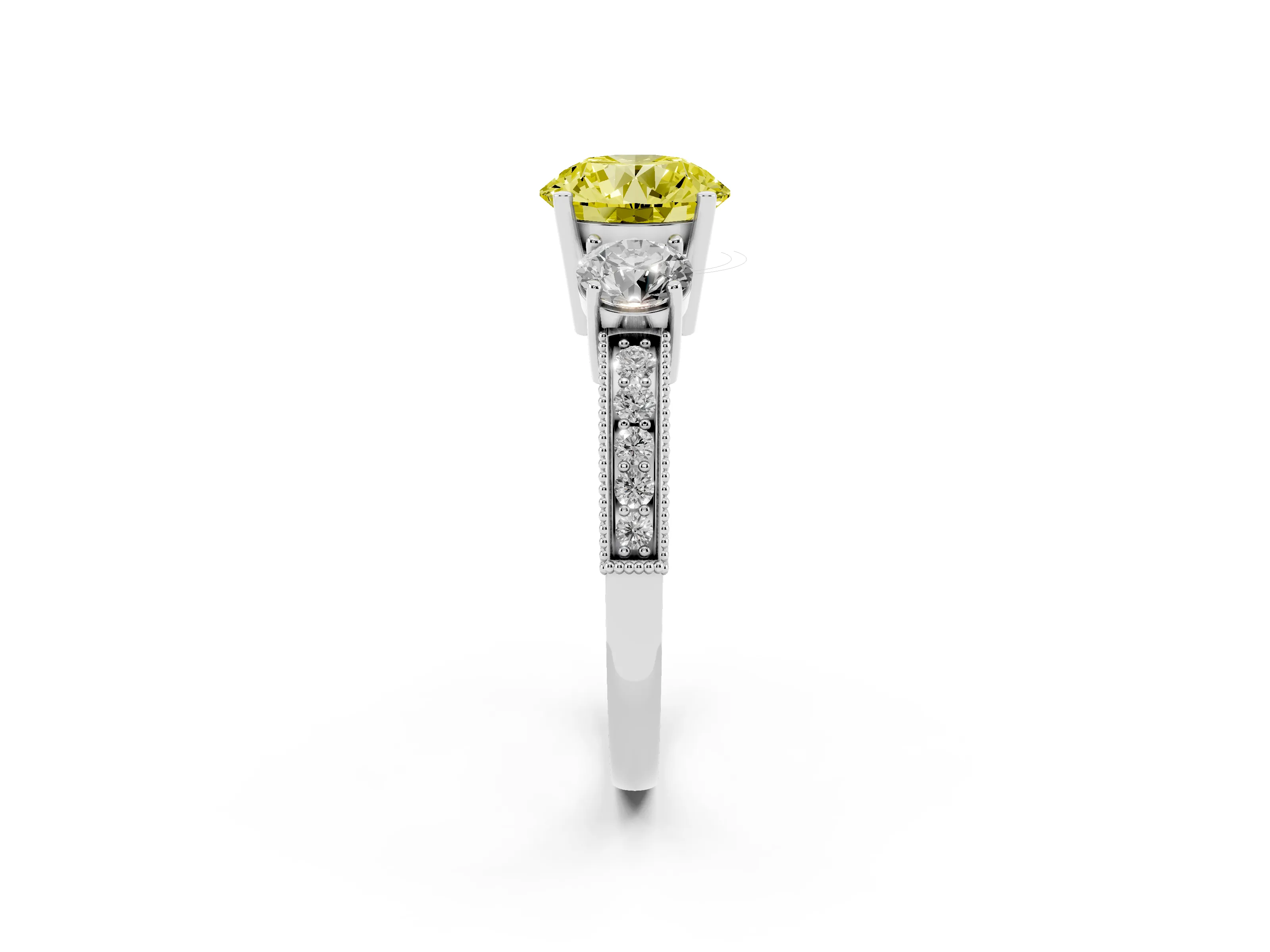 Fancy Yellow Round Cut Diamond Three-Stone Ring Set in Platinum with Round Side Stones and Pavé Band