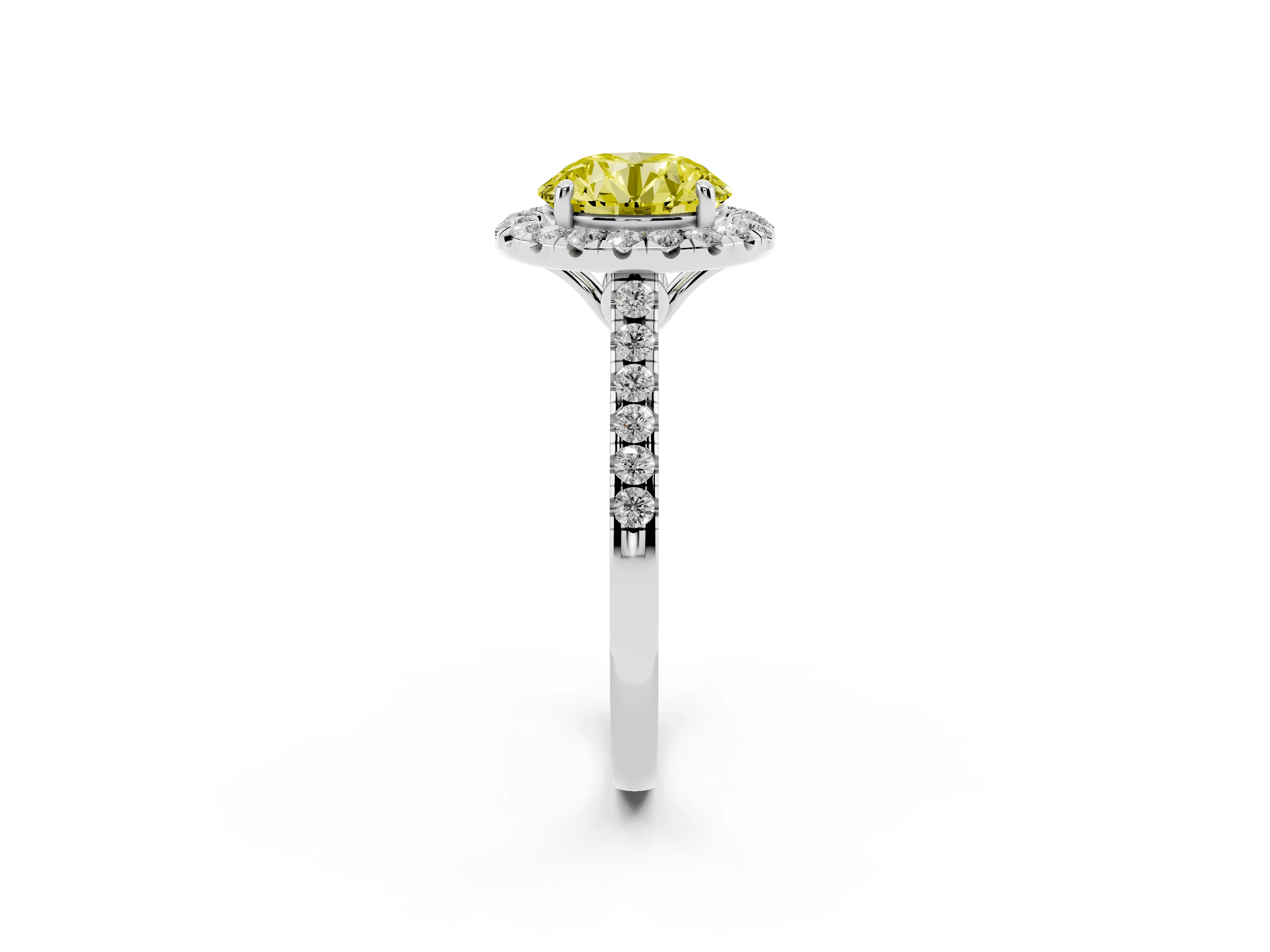 Fancy Yellow Round Cut Diamond Pavé Halo Engagement Ring Set in Platinum with Pavé Band and Prong Setting