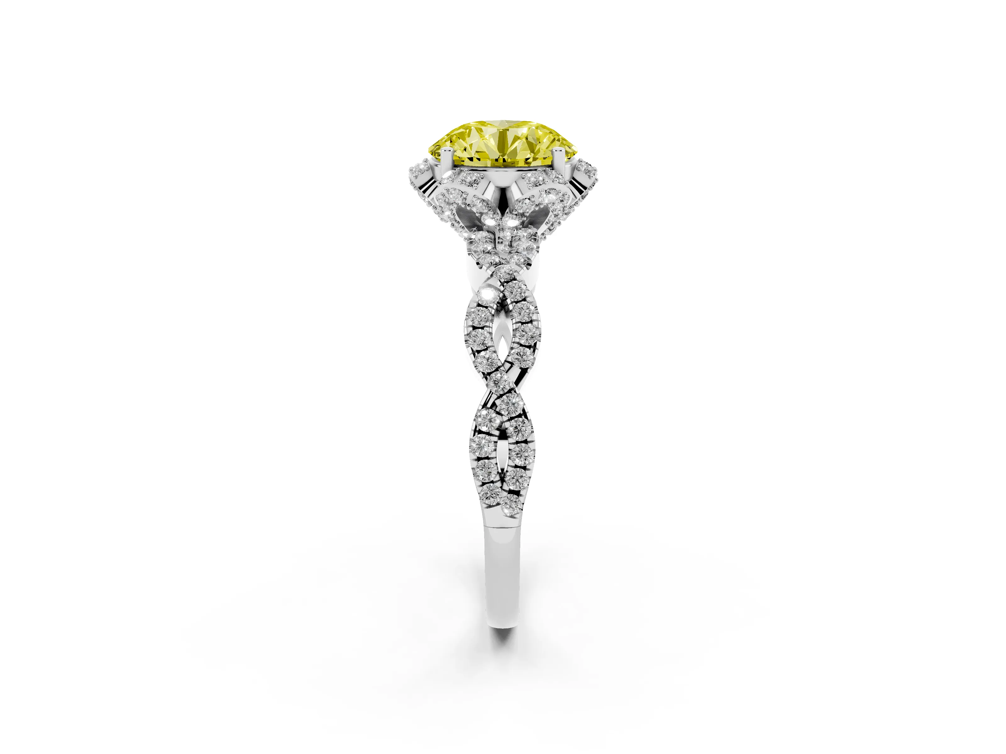 Fancy Yellow Round Cut Diamond Halo Twist Band Solitaire Ring Set in White gold with Prong-Set Center Stone