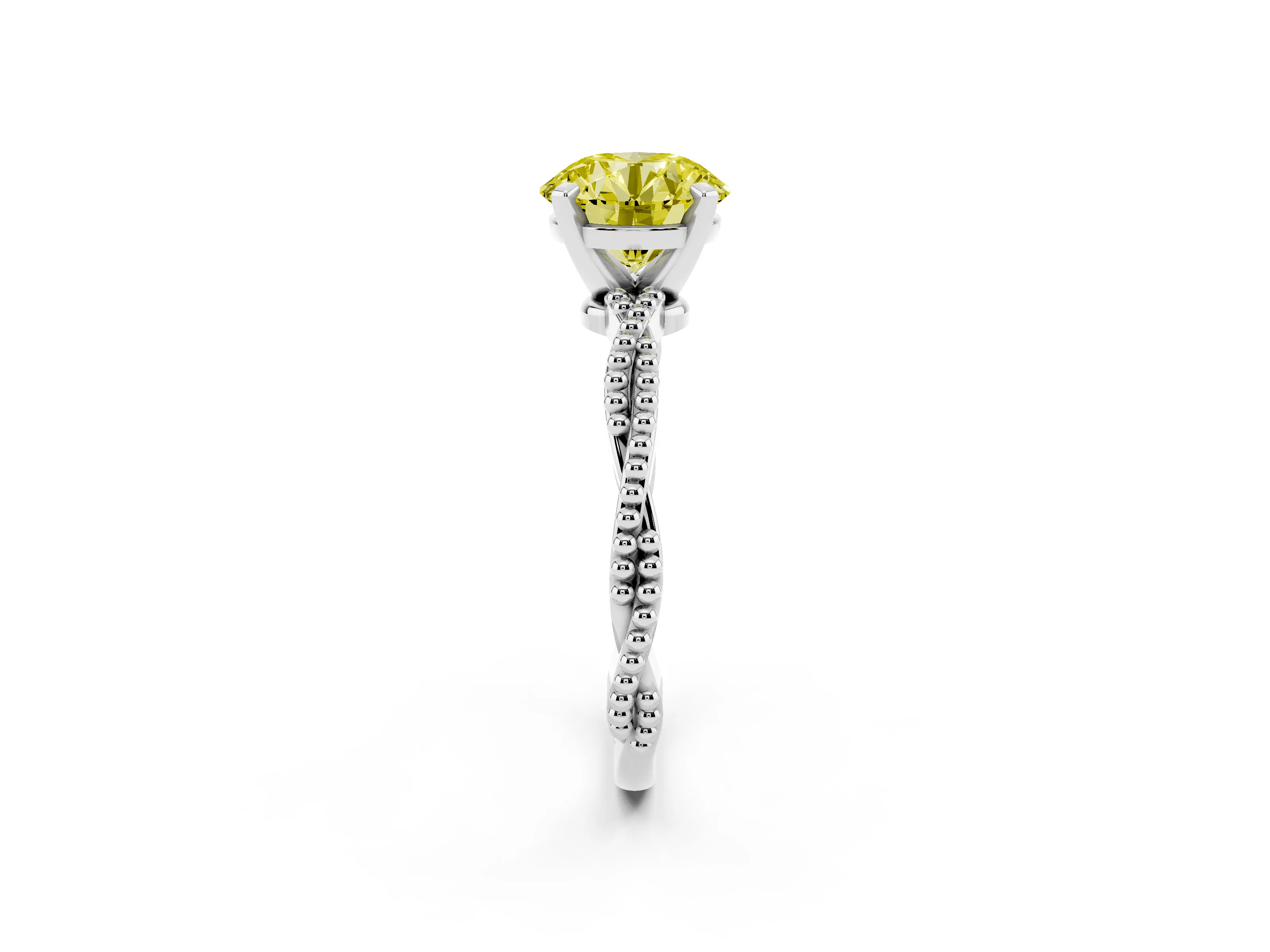 Fancy Yellow Round Cut Diamond Solitaire Ring Set in Silver with Twisted Band and Bead Prong Setting