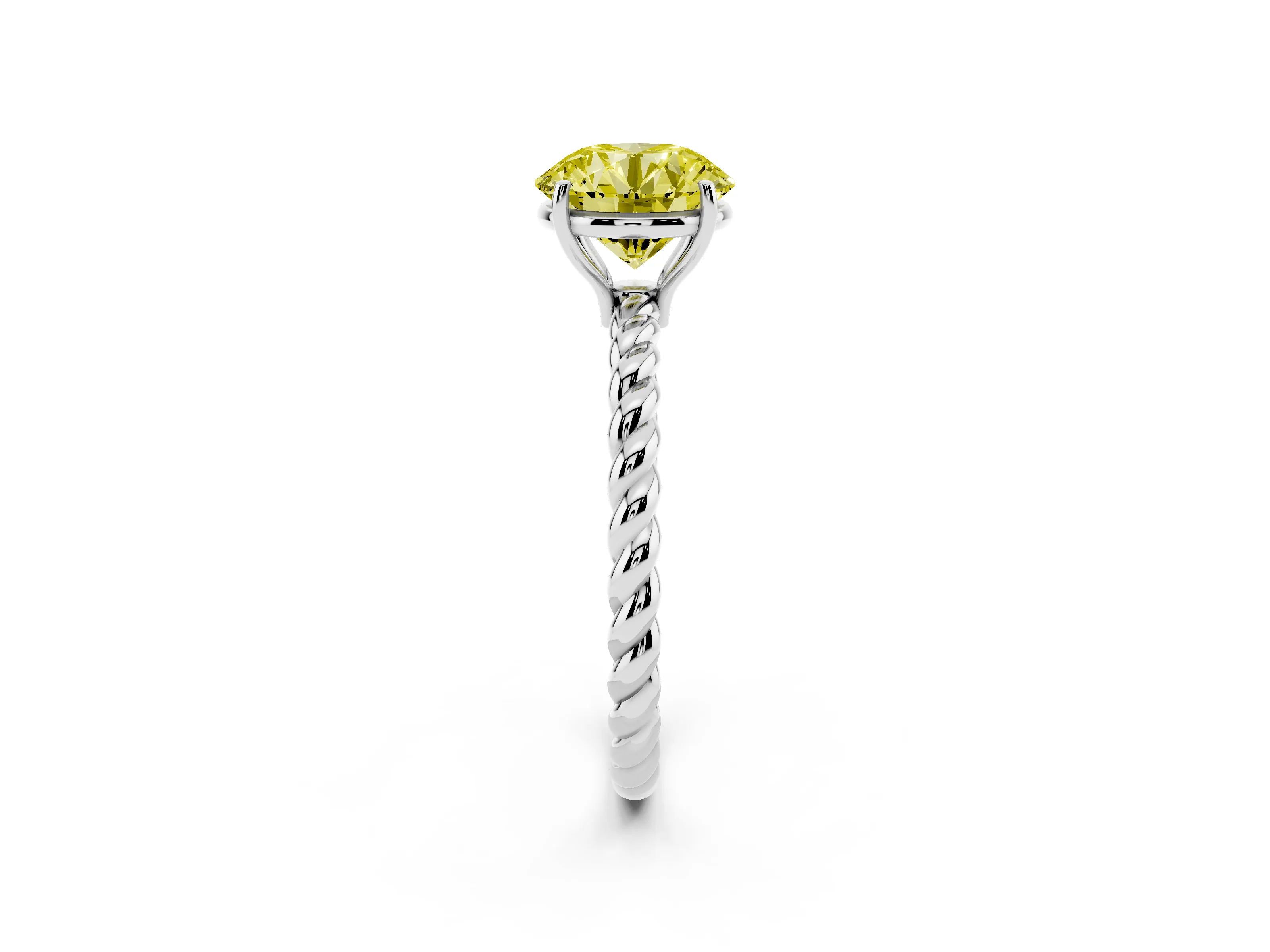 Fancy Yellow Round Cut Diamond Solitaire Ring Set in Platinum with Twist Band and Prong Setting